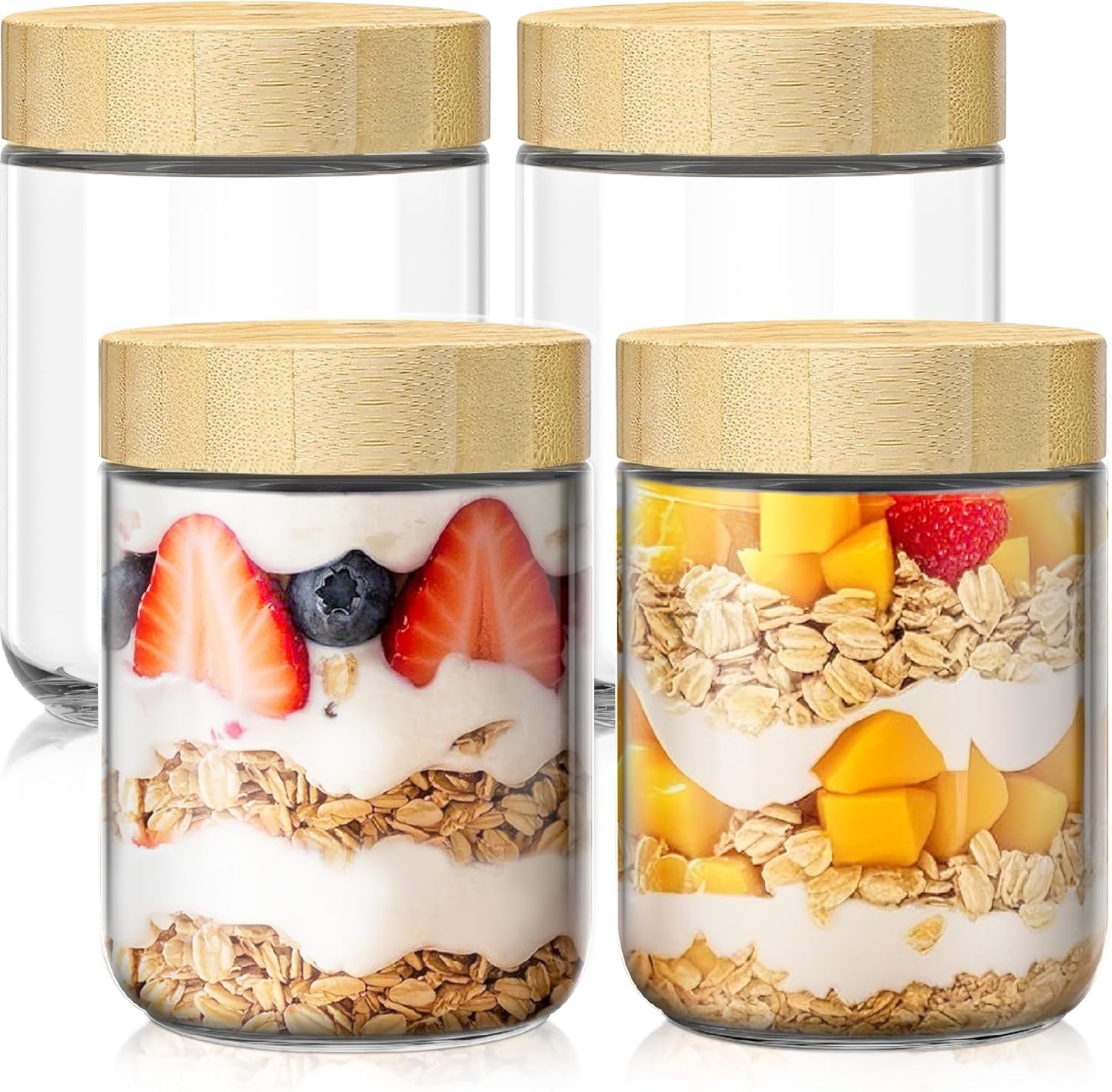 4 pack 16oz Overnight Oats Containers with Bamboo Lids, Glass Jars with Airtight