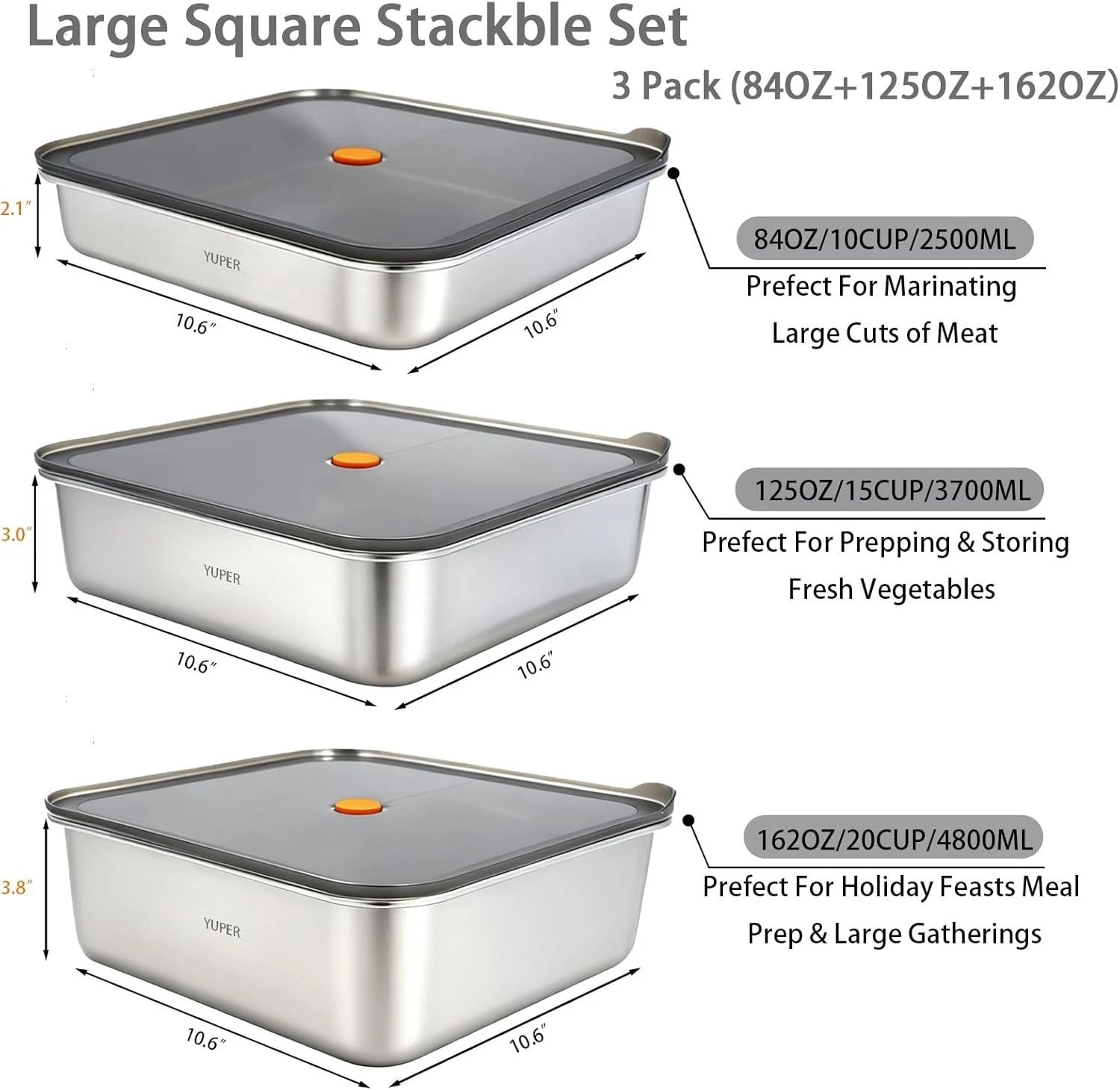 Airtight Stainless Steel Meal Prep Containers: 84oz, 125oz, 162oz – Clean & Safe