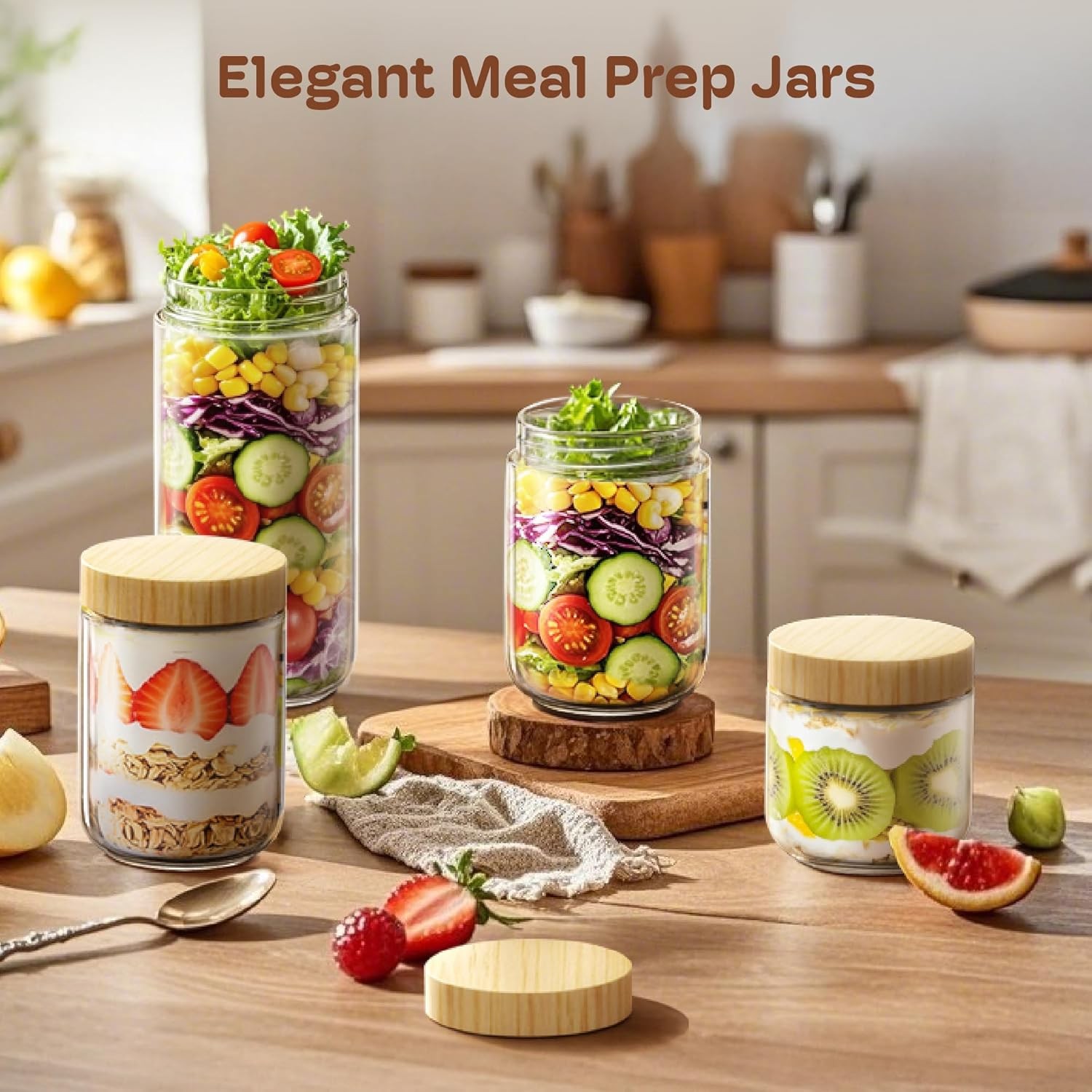 4 pack 16oz Overnight Oats Containers with Bamboo Lids, Glass Jars with Airtight