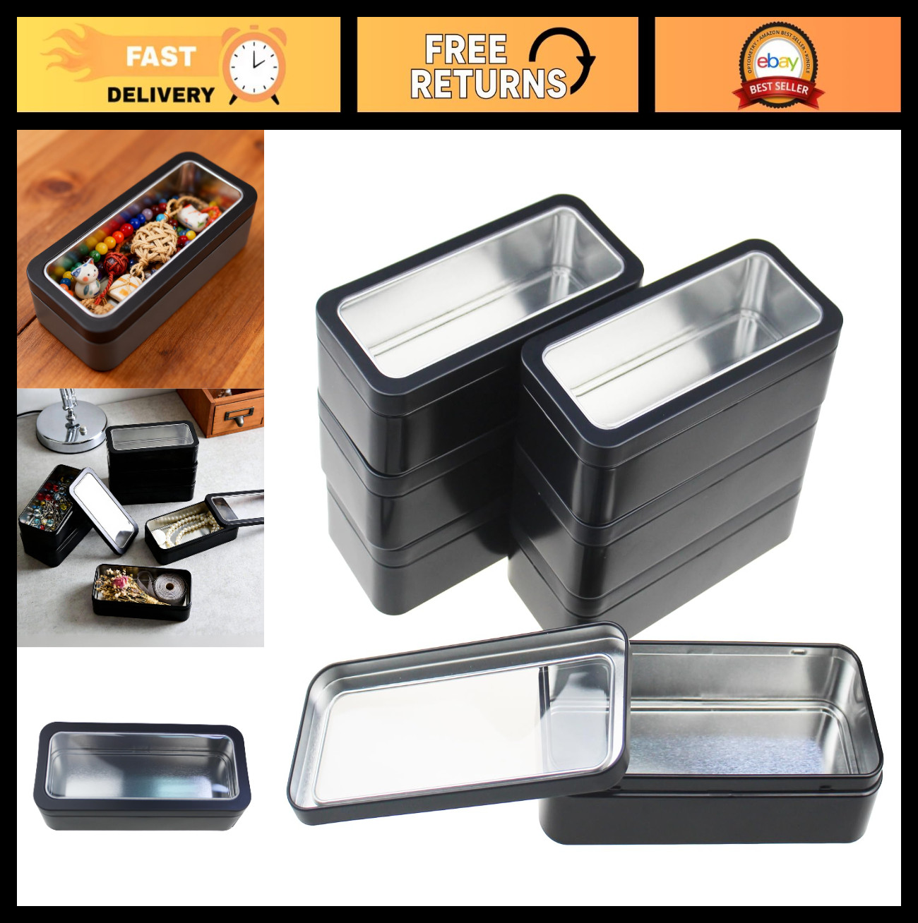 7Pcs Rectangle Metal Storage Tins with Window Lids | Mini Canister Jars Set, 5.9