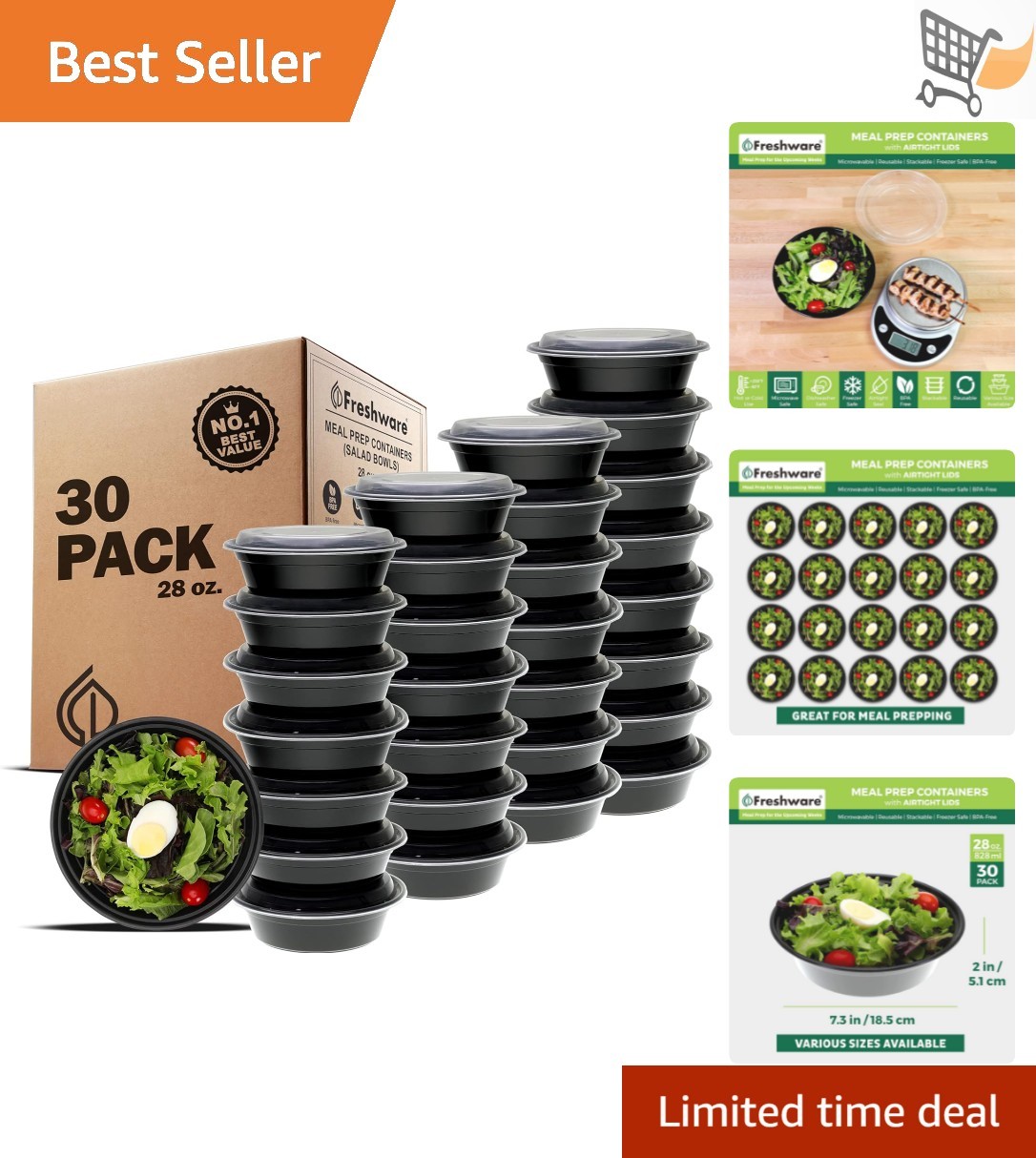 Meal Prep Bowls 28oz Plastic Food Storage Containers 30 Pack with Lids
