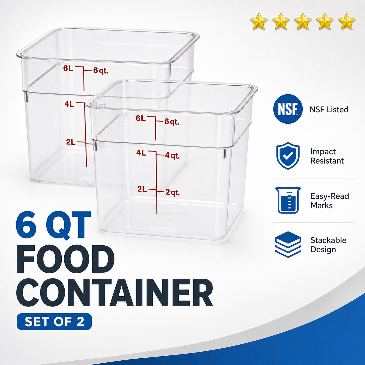 Cambro Camsquare Polycarbonate Square Food Container Clear, 6 qt. – 2 Piece