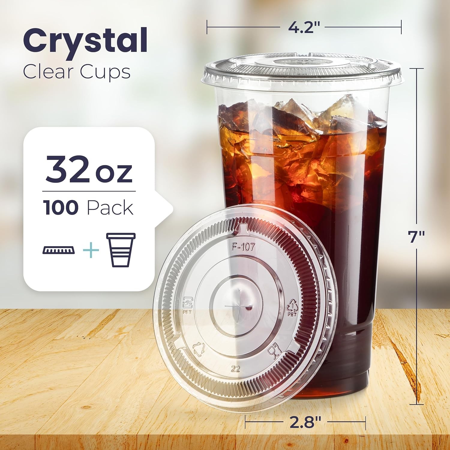 100 Pack 32 oz Clear Plastic Cups with Flat Lids, Disposable Iced Coffee Cups,