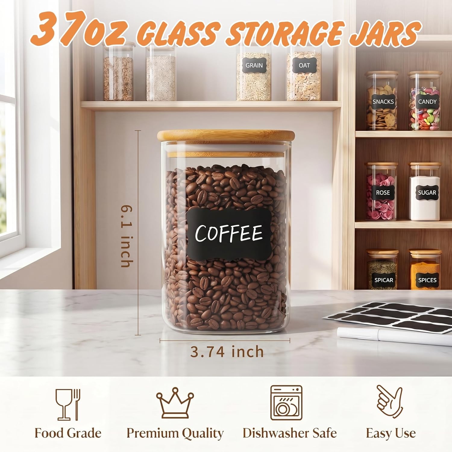 37 Oz Glass Storage Jars with Bamboo Lids – 6 Pack Clear Glass Canisters Square