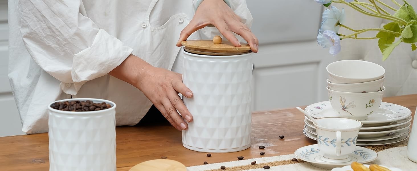 Kitchen Canister Set of 3 Tea Coffee Sugar Containers with Airtight Bamboo Lids