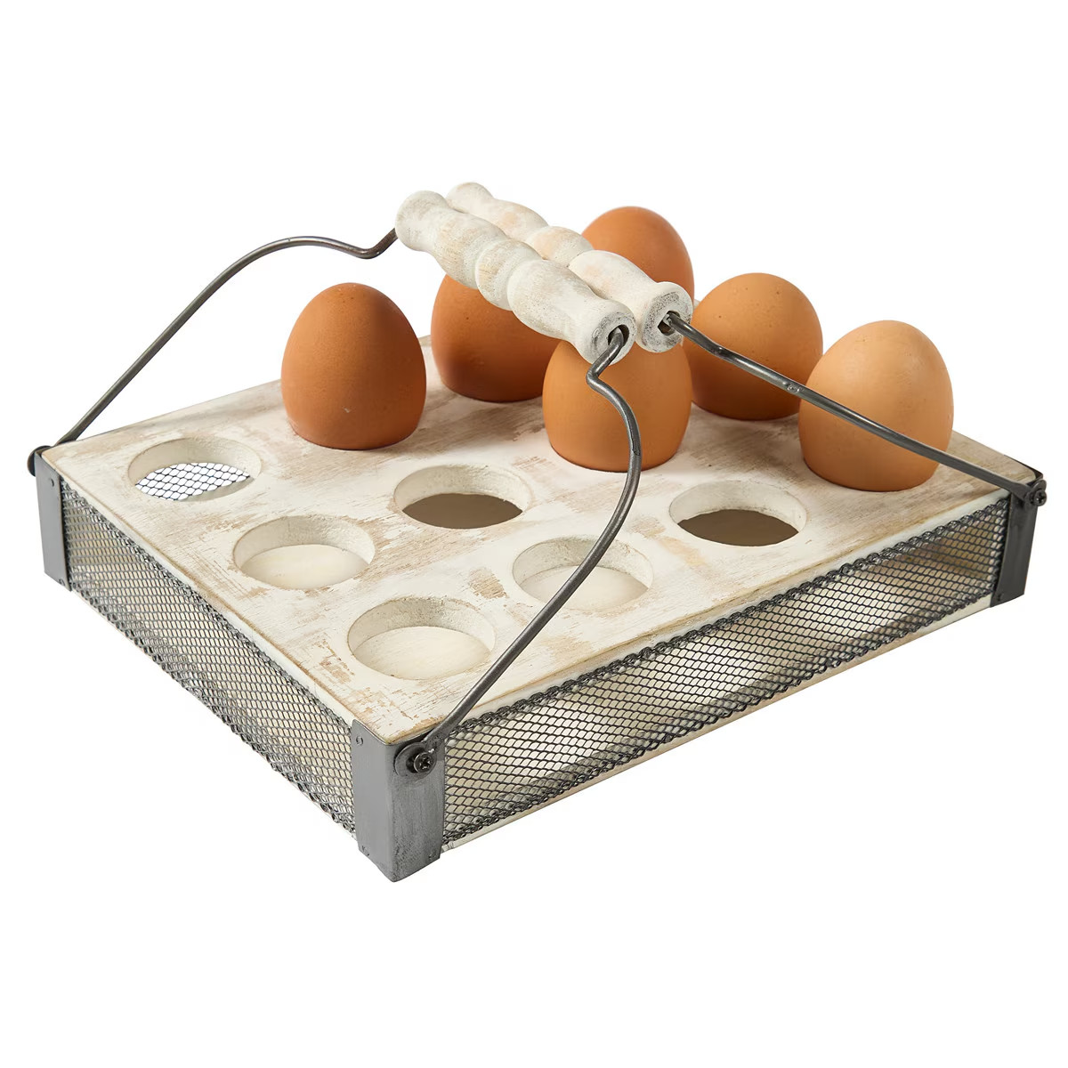 Egg Holder Crate for 12 Eggs Wood Metal with Handles Country Farmhouse