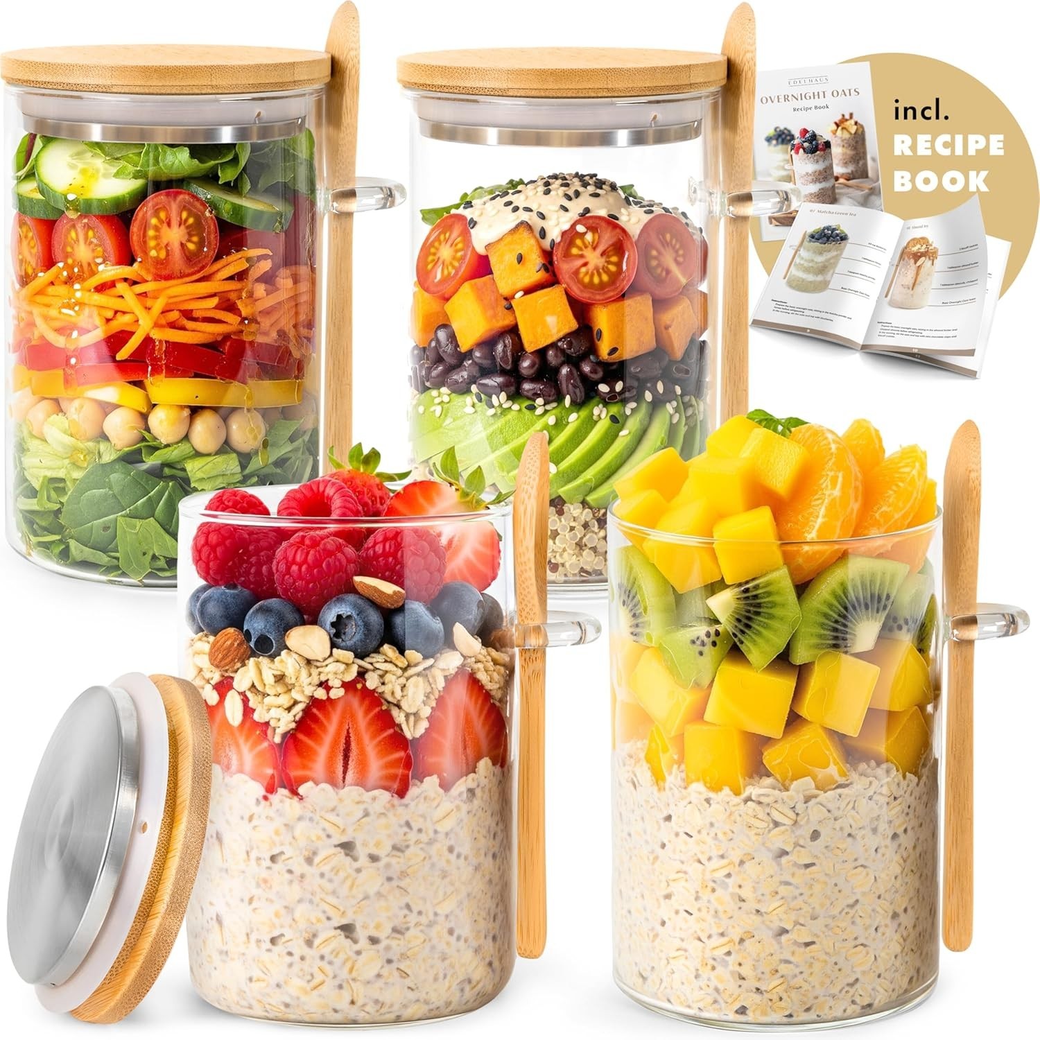 Overnight Oats Containers with Lids, Labels & Spoons 4 x 16oz Glass Jars for …