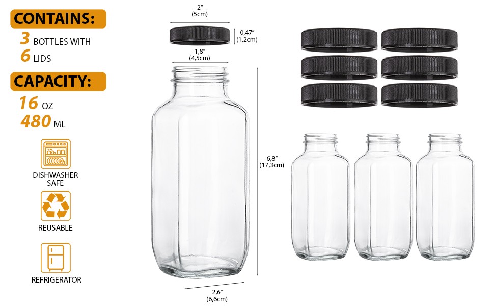 Juice Bottles with Lids, 16 Oz, Set of 3 | Clear Glass Jars with Caps, Reusable
