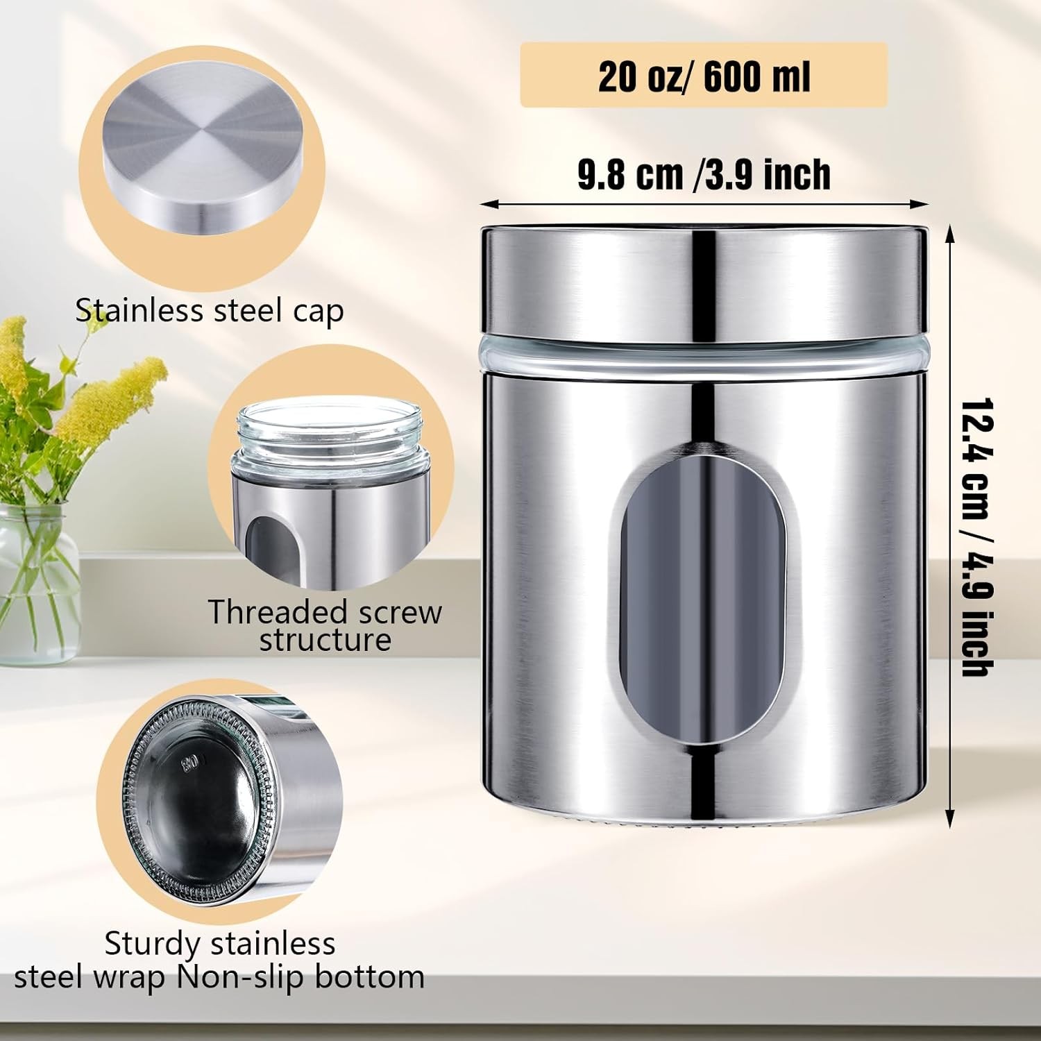 4 Pieces Kitchen Canisters Set 20 oz Stainless Steel Glass Canisters Airtight