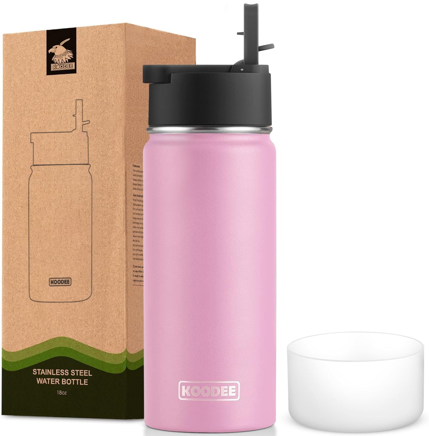 Koodee 18oz Stainless Steel Insulated Water Bottle with Straw – Leak-Proof Girls