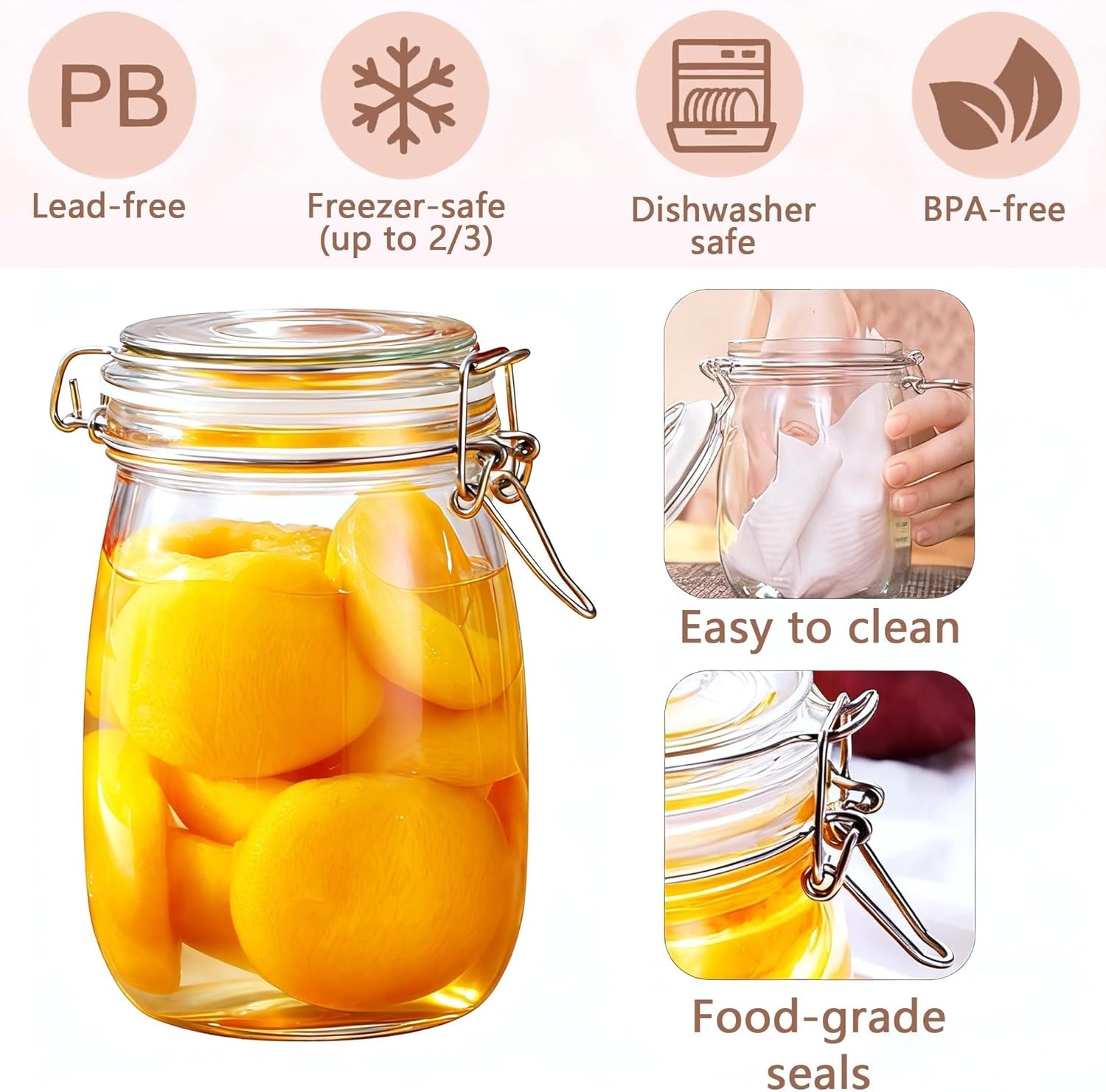 6PCS Glass Jars with Airtight Lid, 34 OZ Mason Jars Wide Mouth, Glass Pickling