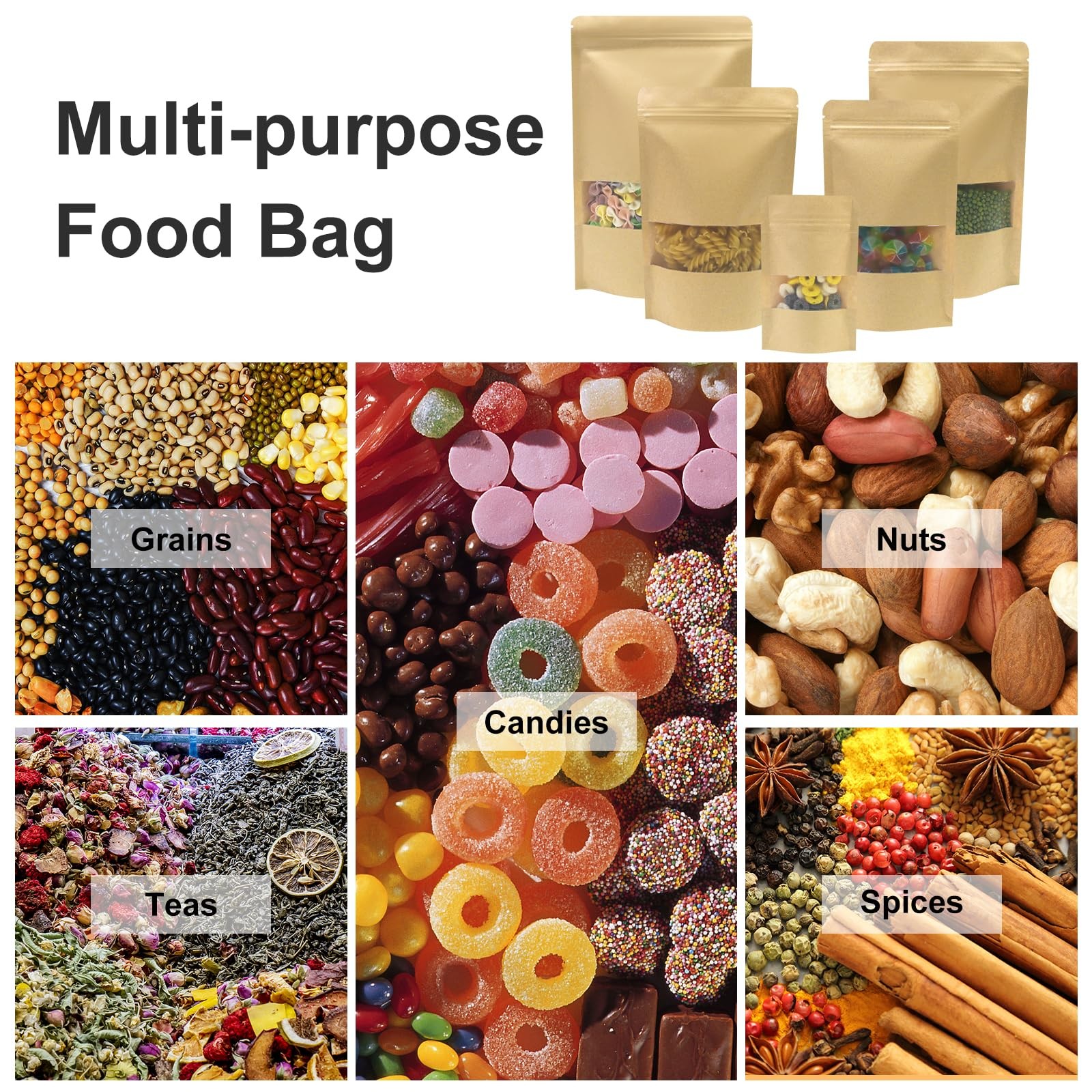 Kraft Food Bags with Window – Resealable Kraft Stand Up Pouches, 50Pack 4.7×7…