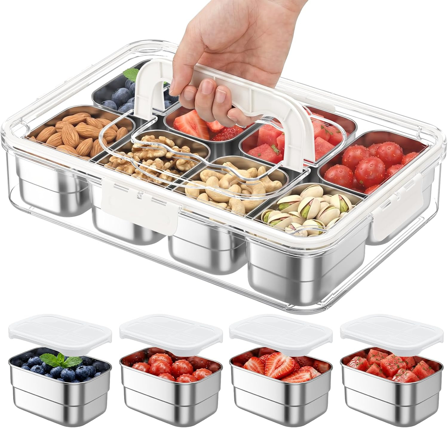 8-Compartment Stainless Steel Snackle Box Serving Tray with Lid & Handle