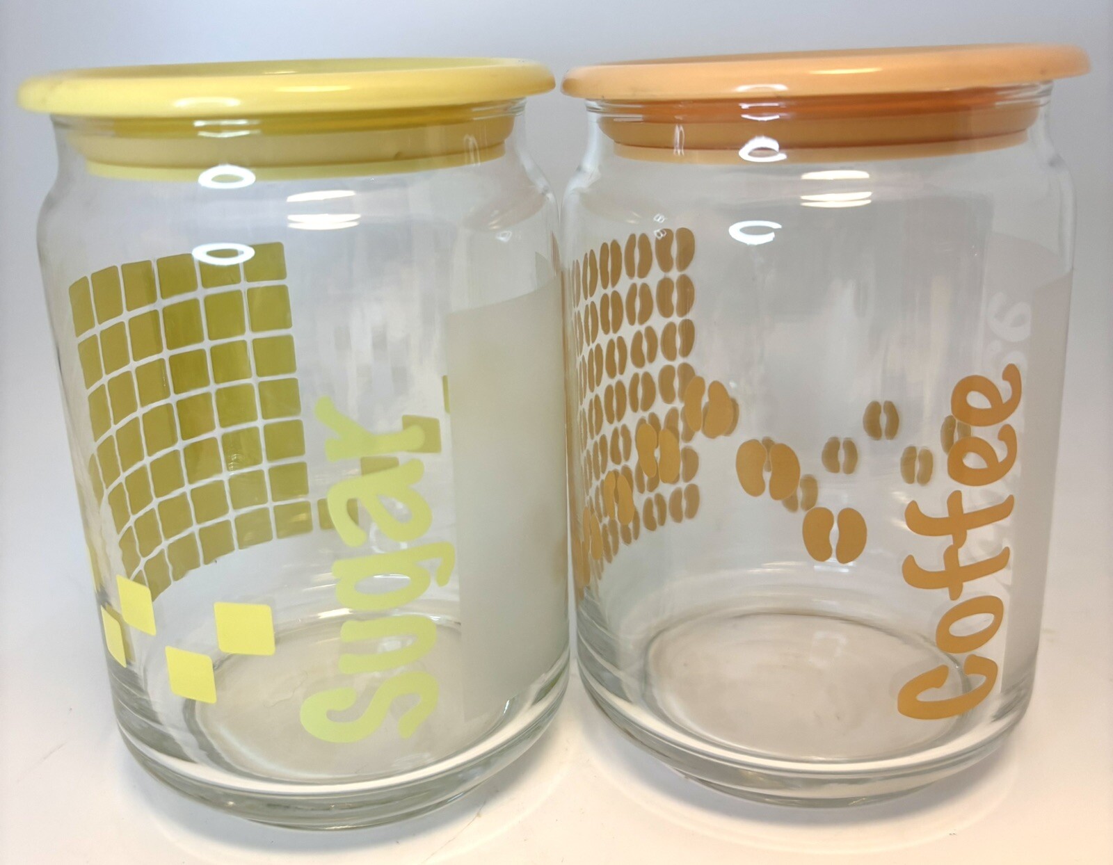Parka Canisters w Plastic Lid Clear Glass Sugar Coffee Containers Vtg 5”T