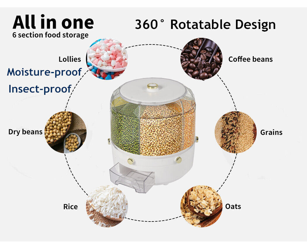 6-Grid Rotating Rice Dispenser Dry Grain Food Storage Container Tank for Kitchen