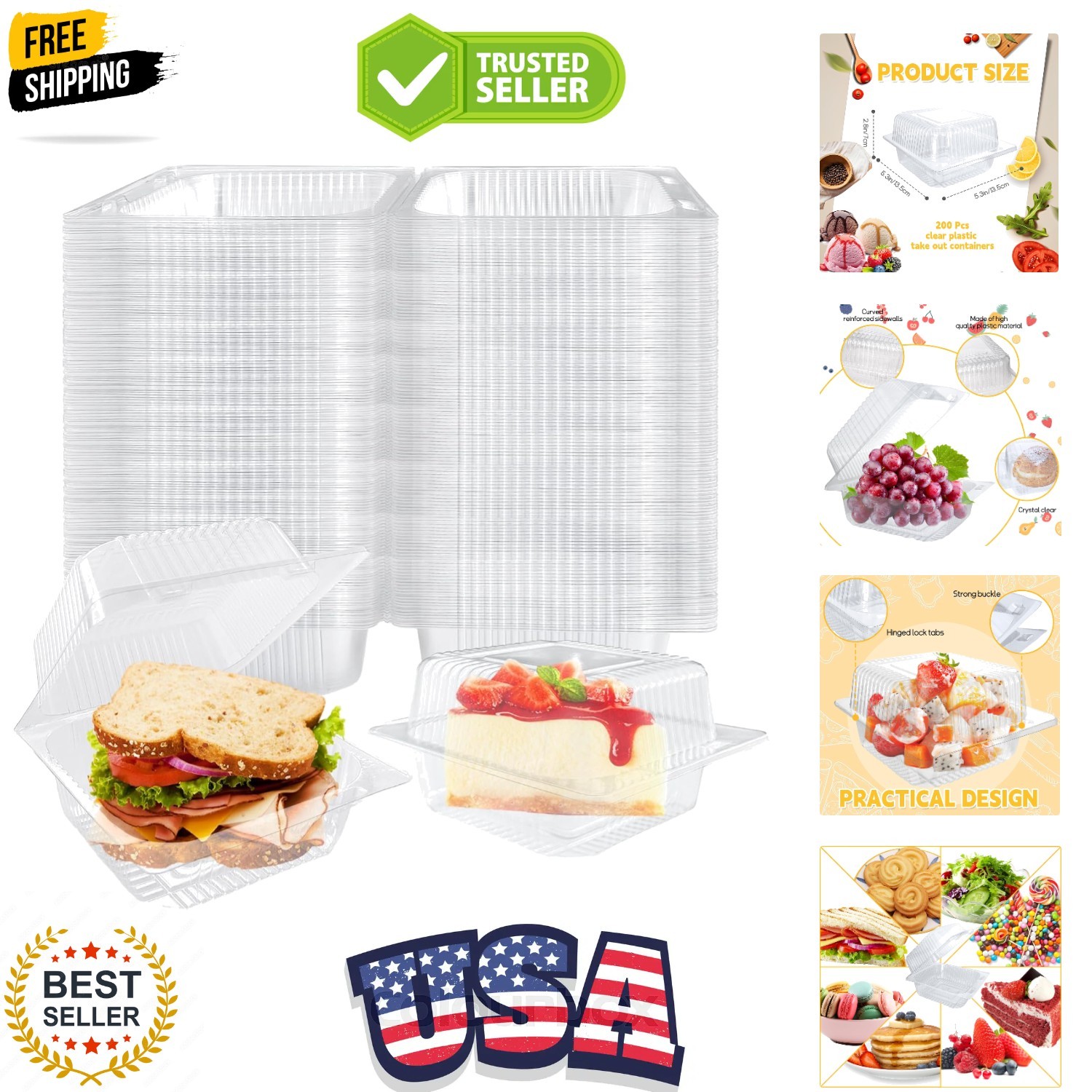 200 Pcs Clear Plastic Take out Containers,Disposable Fancy Hinged Top Square …