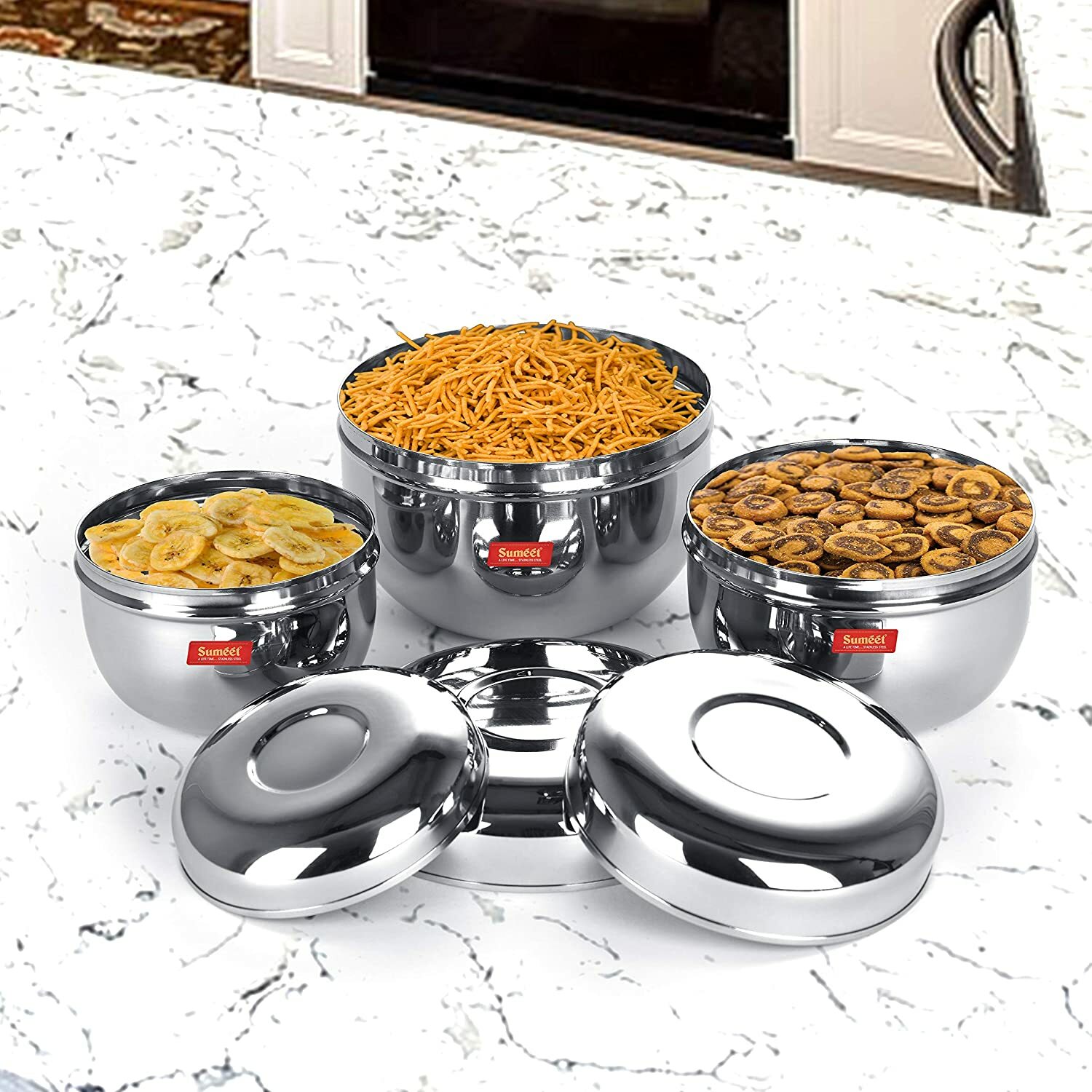 Stainless Steel Heavy Gauge Mirror Finish Storage Containers, Set of 3Pcs