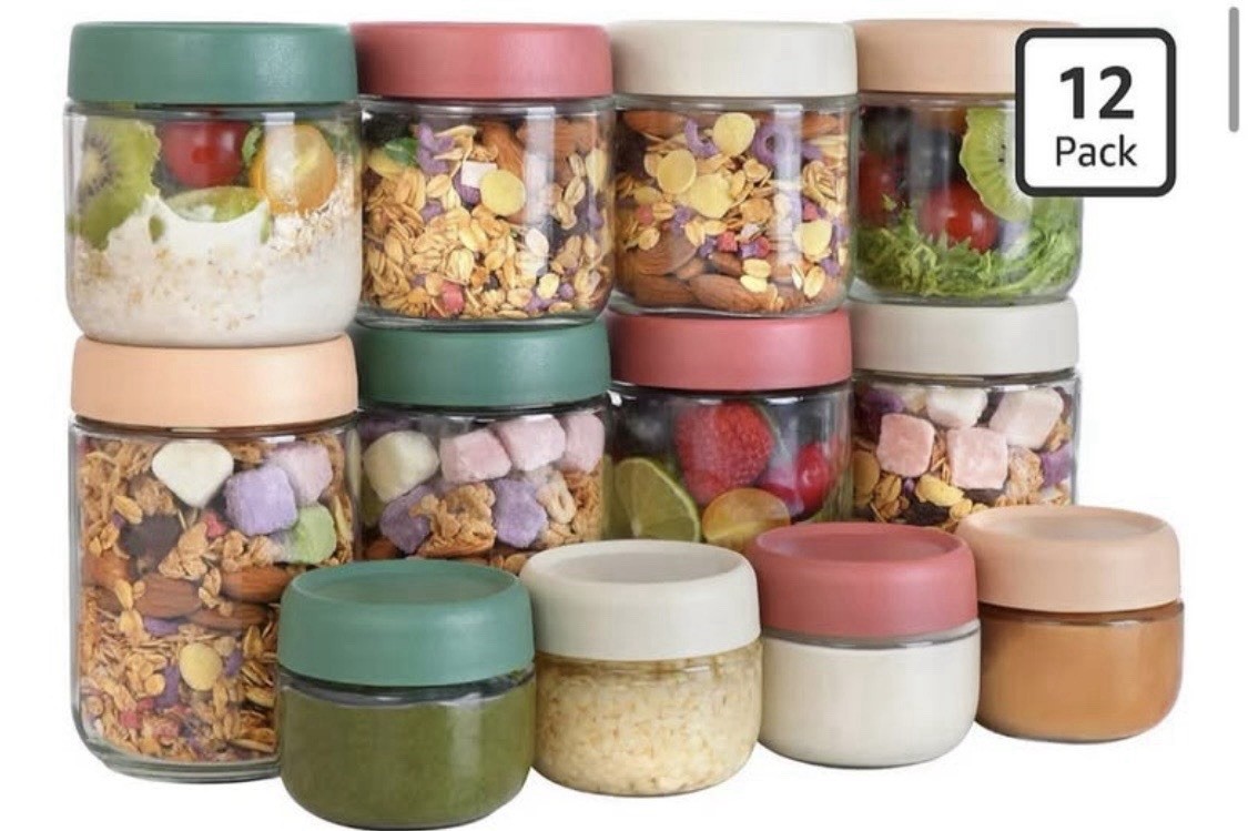 Glass Jar Set 12-Piece Airtight Leakproof BPA Free Multi-Color 2-16oz