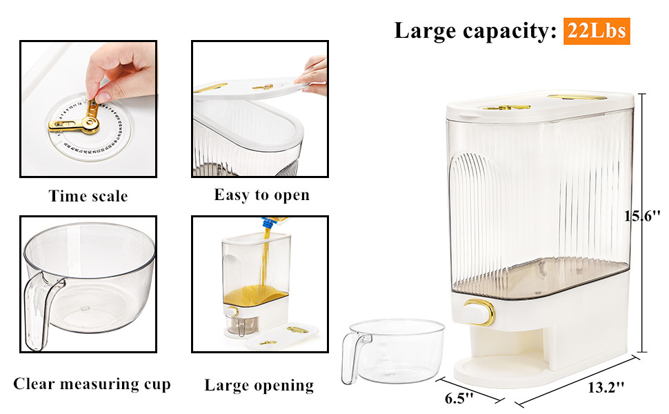 Clear Rice Holder Dispenser, 22 Lbs Large Grain Storage Container with Measuring
