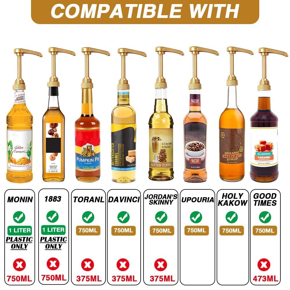 10 Pcs Gold Coffee Syrup Pumps Compatible With 25.4 Oz/750ml Bottles Great For H