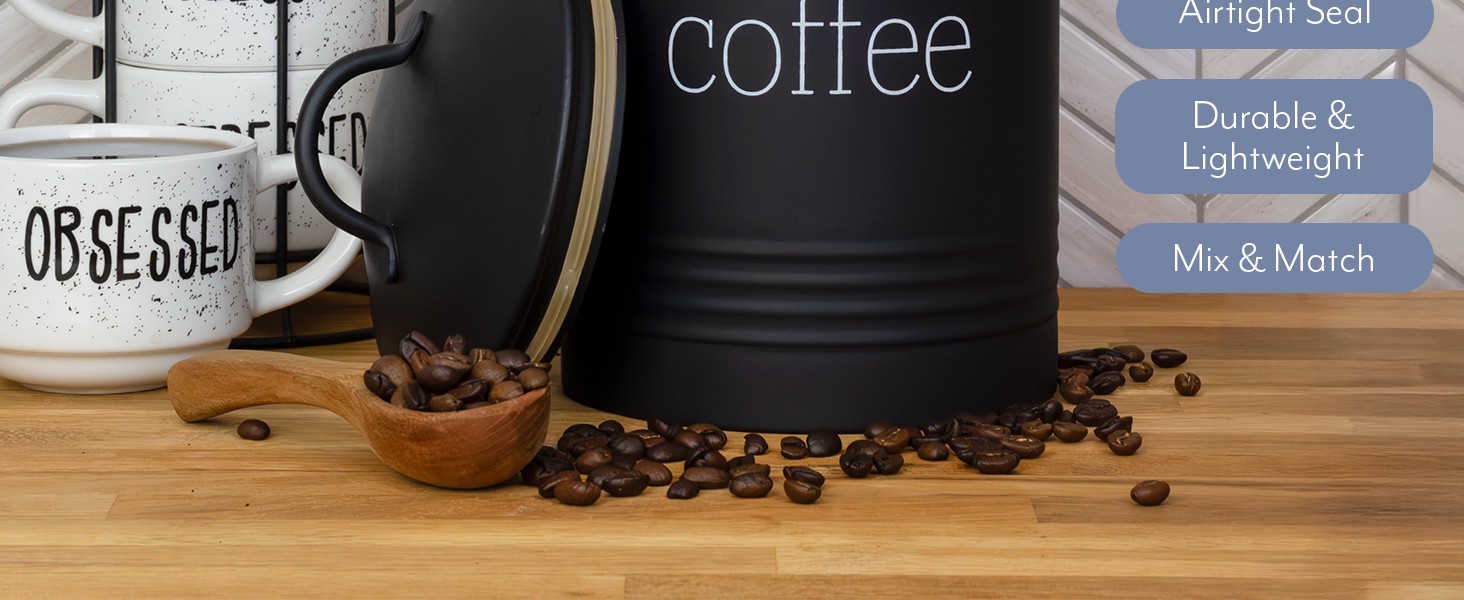 Enamelware Black Coffee Canister; Modern Farmhouse Style Coffee Storage for