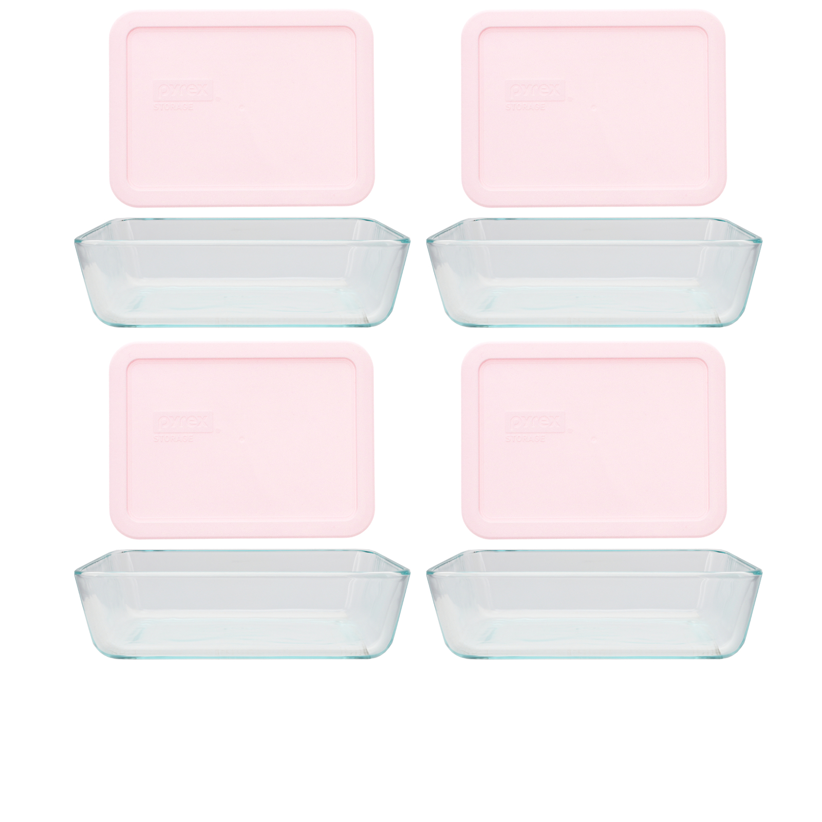 Pyrex (4) 7210 3-Cup Glass Dishes & (4) 7210-PC Loring Pink Plastic Lids