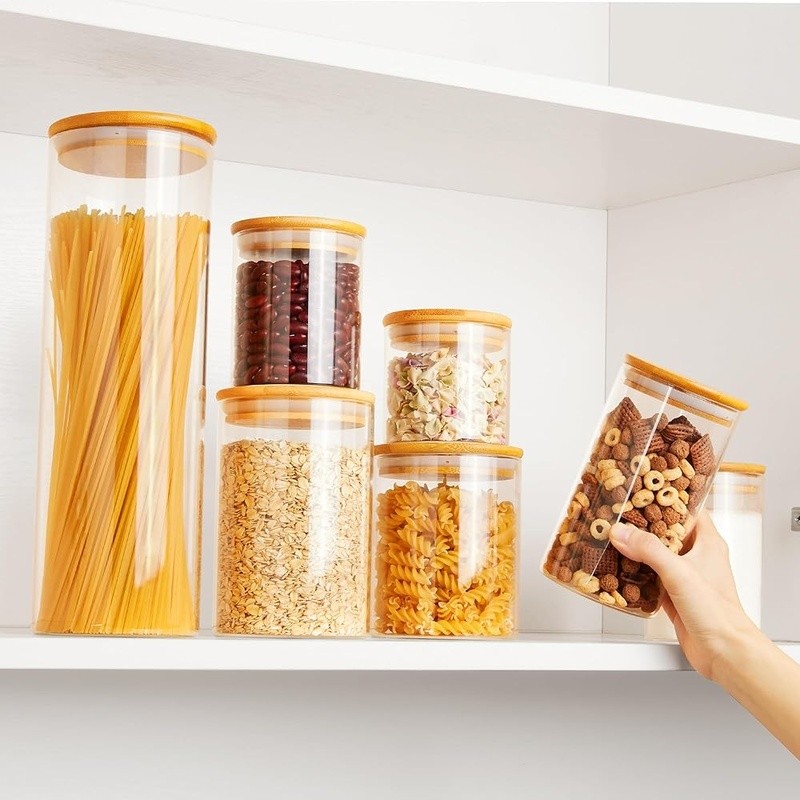 Premium Glass Storage Jars Set W/ Bamboo Lids 7pcs Ideal Food Organization New