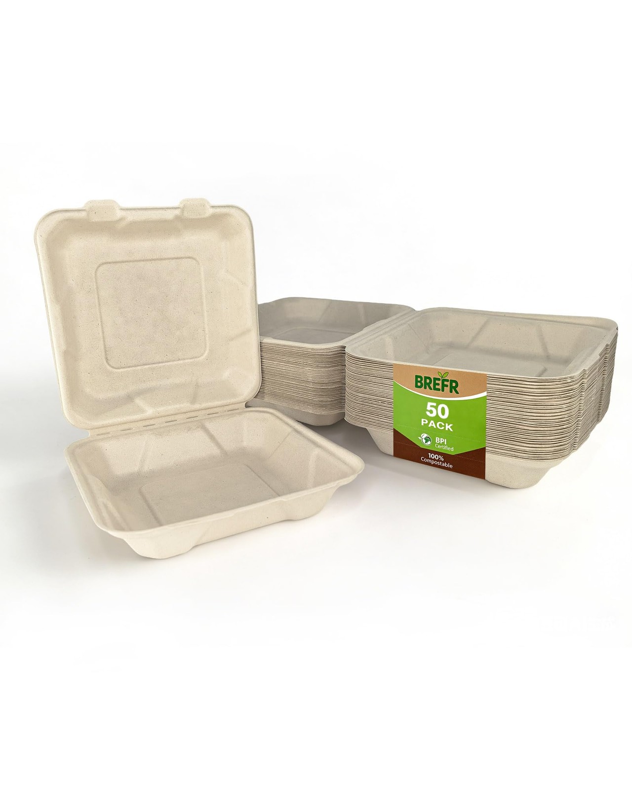 50 Pack 8×8 Inch Compostable Clamshell Takeout Containers, Biodegradable To G…