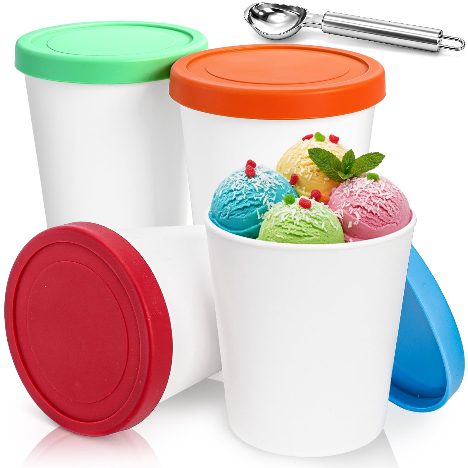Peohud 4 Pack Ice Cream Containers, 1 Quart Freezer Storage Tubs with Clear