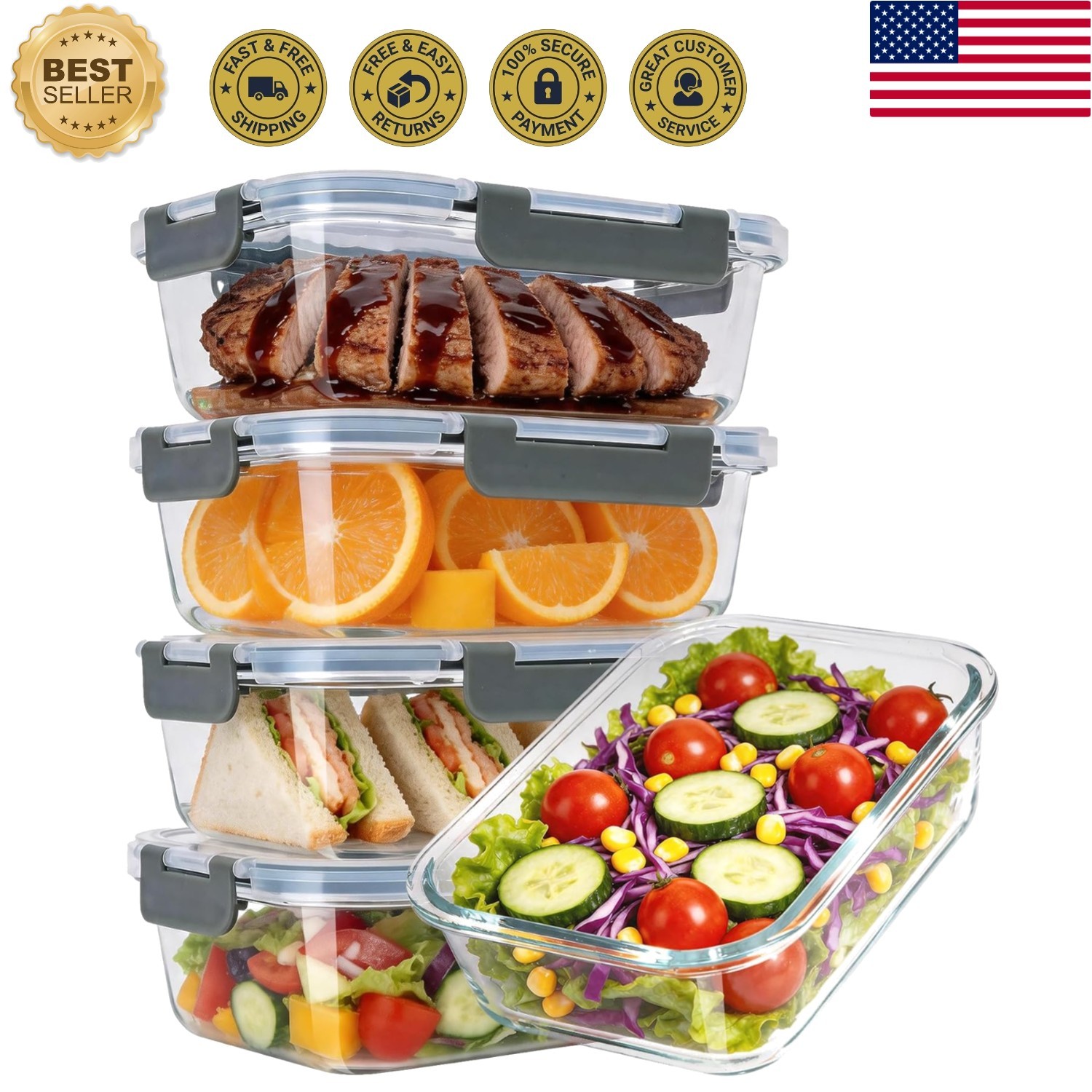 5-Pack 36oz Glass Food Storage Containers with Lids Airtight, Glass Meal Prep…