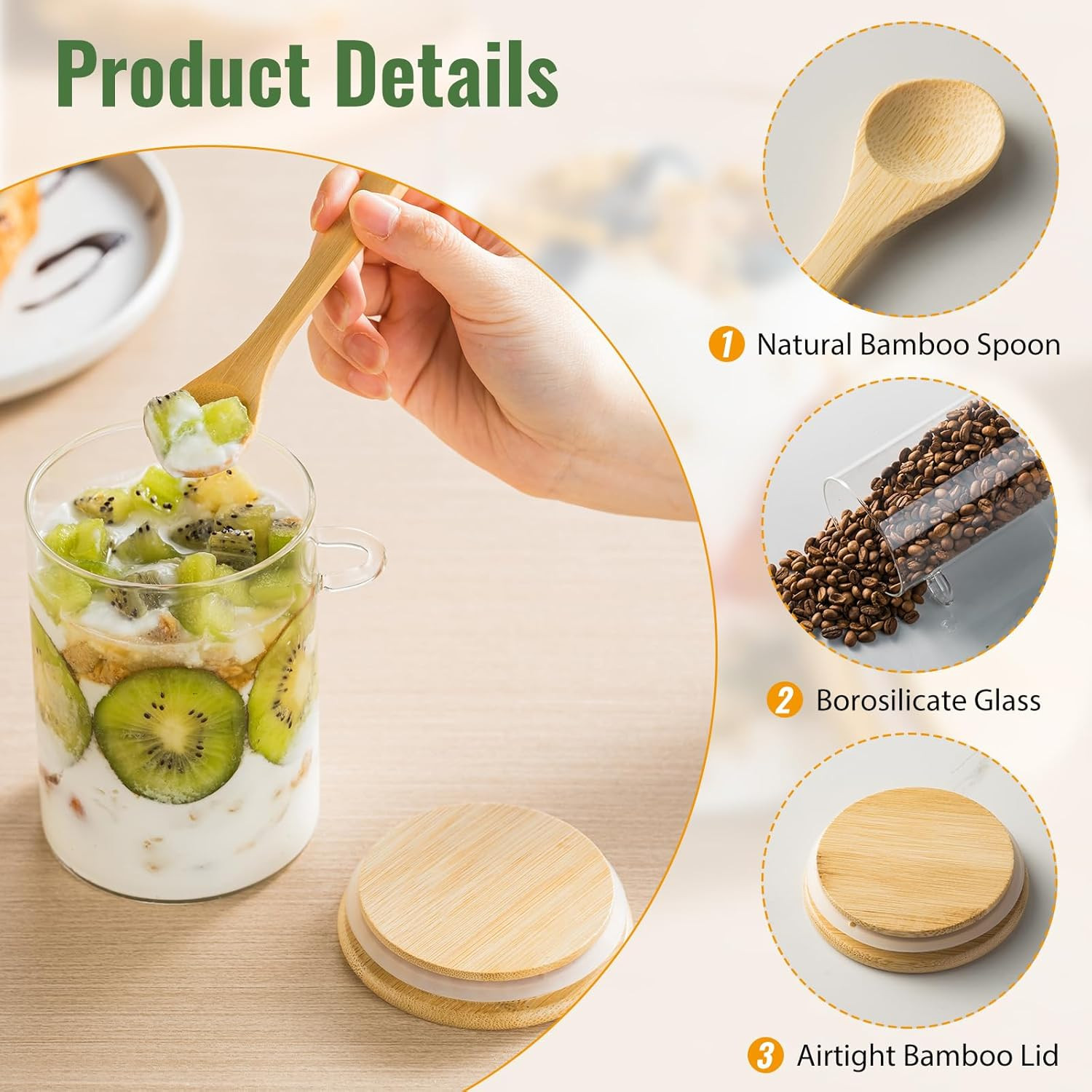 6 Pack 16Oz Glass Jars with Bamboo Lids and Spoons,Overnight Oats Container