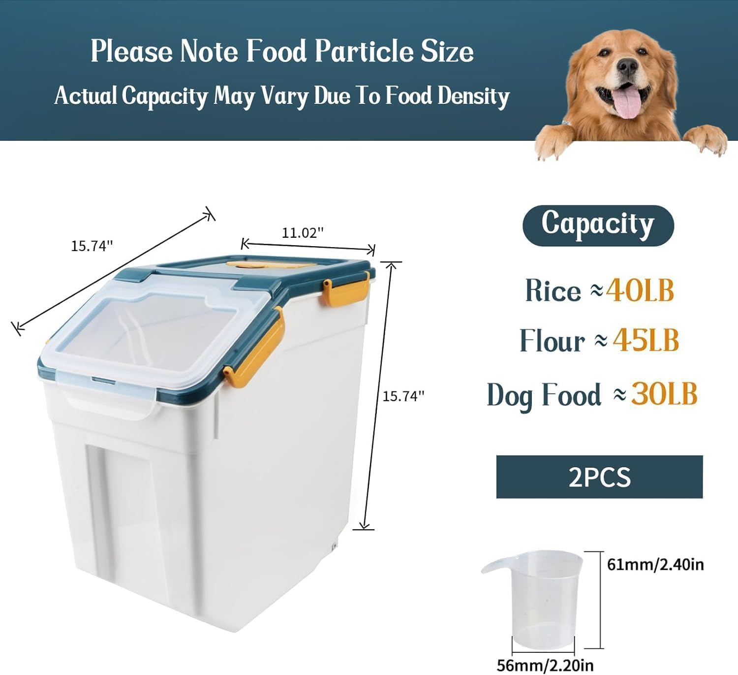 2 Pack 50Lb Rice Dispenser Large Airtight Flour Holder 25LB Dog Food Storage Con
