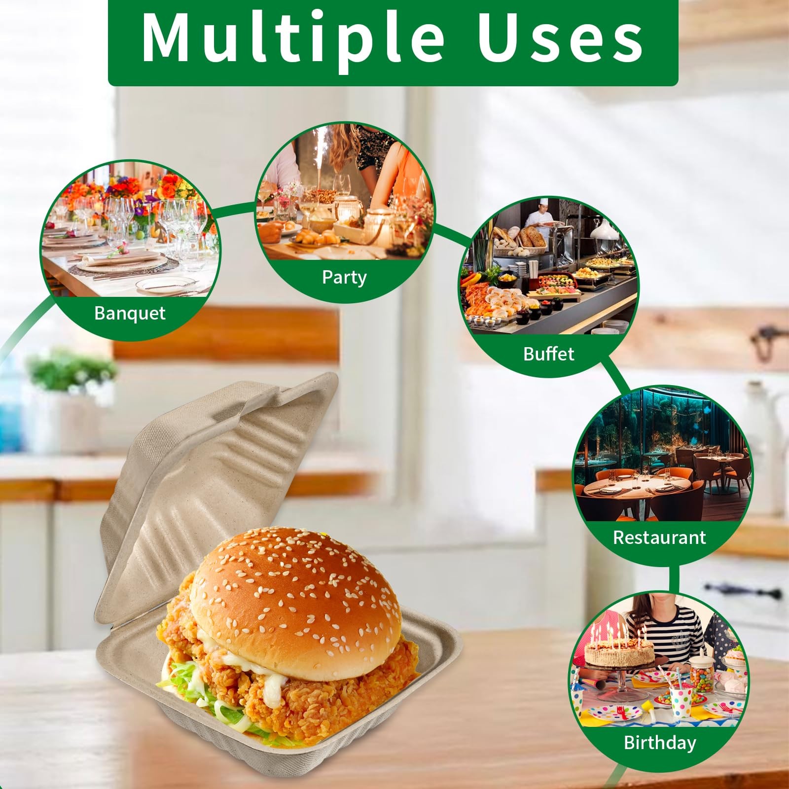 Compostable 100 Pack 6×6 Inch Disposable Square Small Lunch Box Takeout Containe