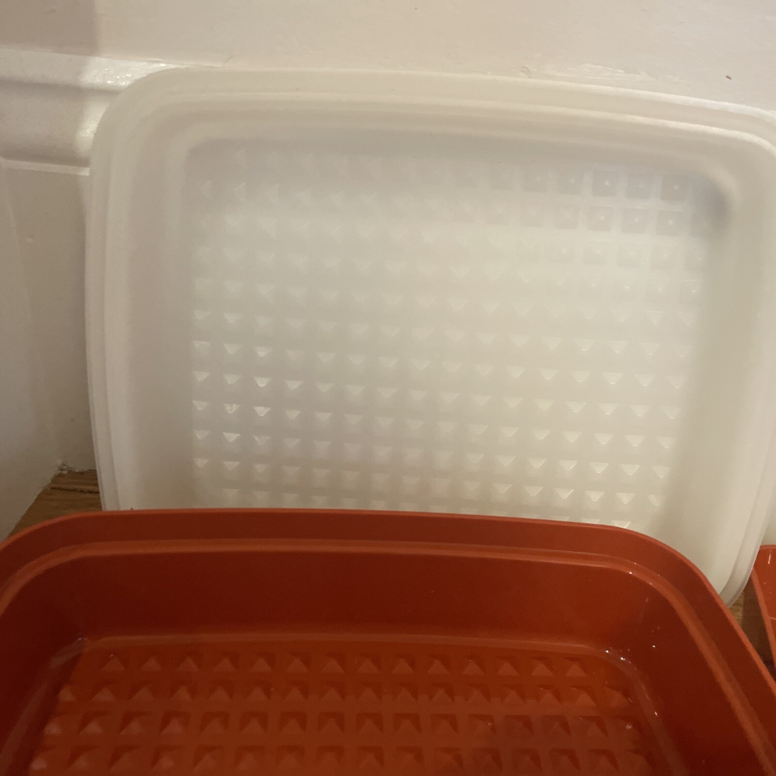 Vtg 6 Pc Lot Tupperware Orange Rectangle w/Clear Lids Meat Keeper Storage Retro