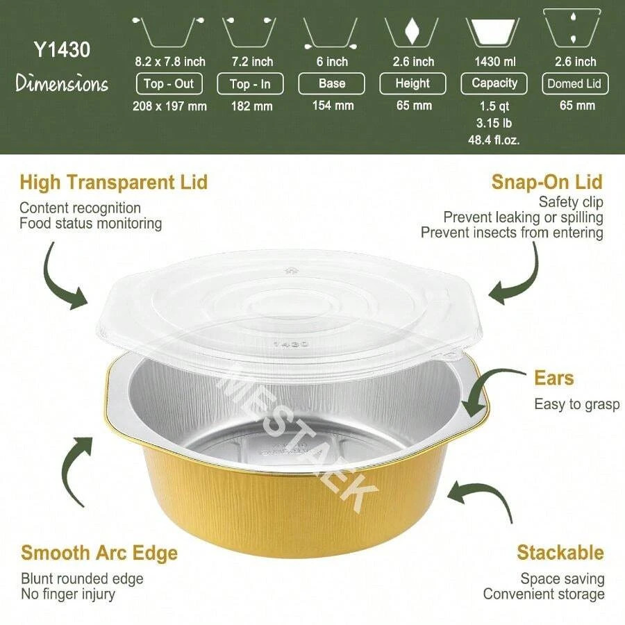 7.7″ Round Aluminum Foil Containers Lids 5 Pack Heavy Duty 48oz