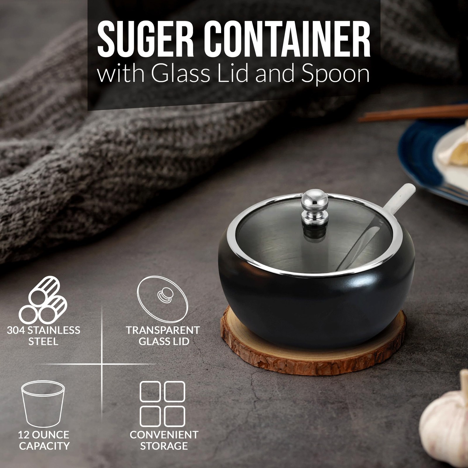 Sugar Bowl with Lid and Spoon | 12oz Container Standard, Matte Black