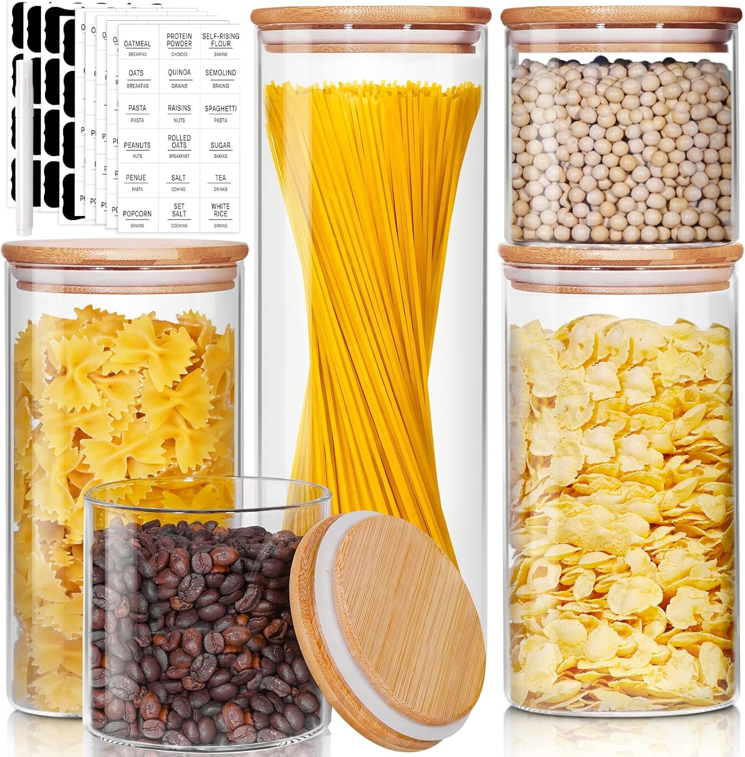 Glass Jars with Bamboo Lids [Muti Size Set of 5], Glass Canisters with Airtight