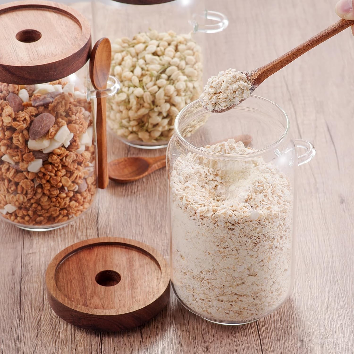 Coffee and Sugar Container Set, Glass Coffee Jars with Wooden Lids and Scoops,