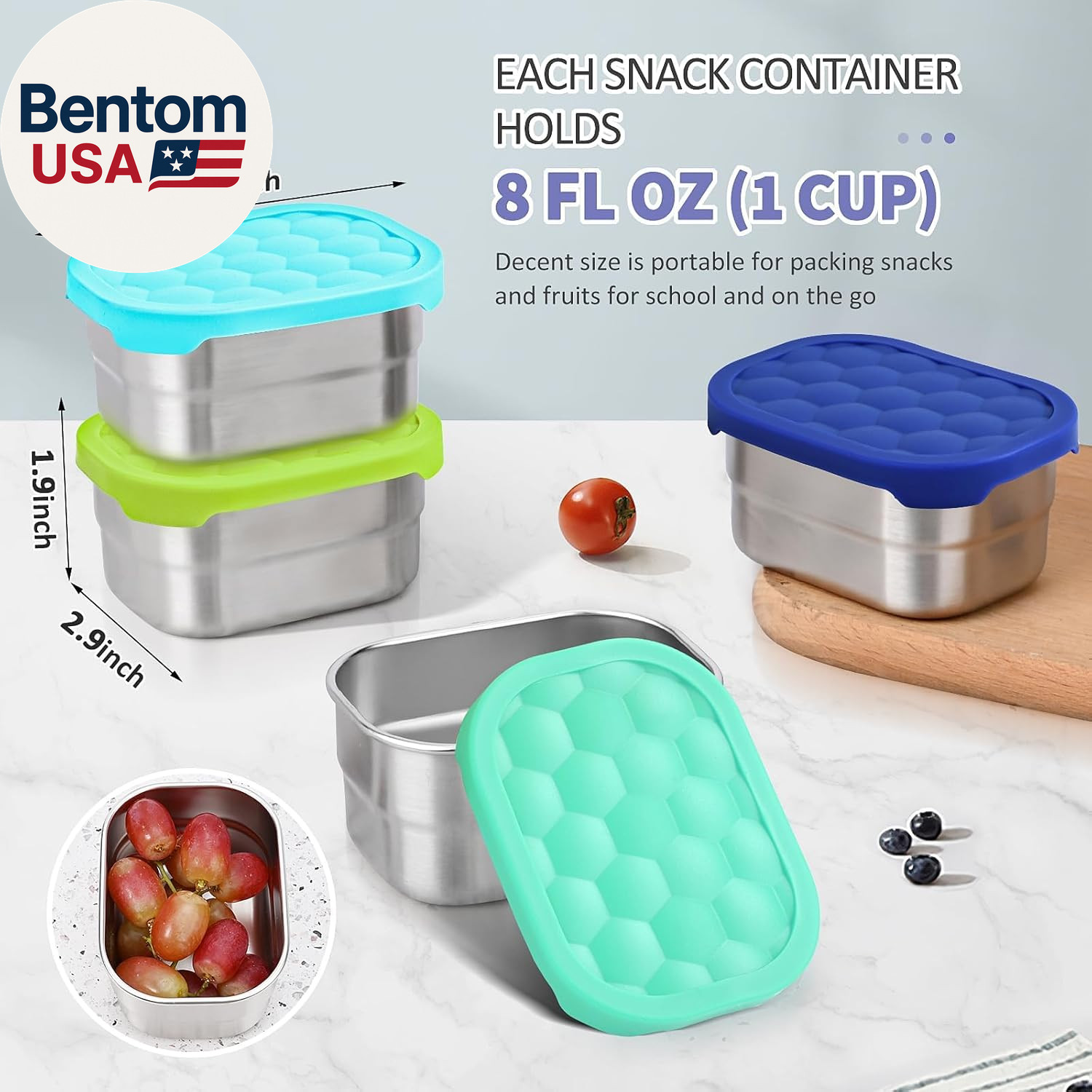 4Pack 8Oz Small (1 CUP) Stainless Steel Snack Containers for Kids | Reusable Eas