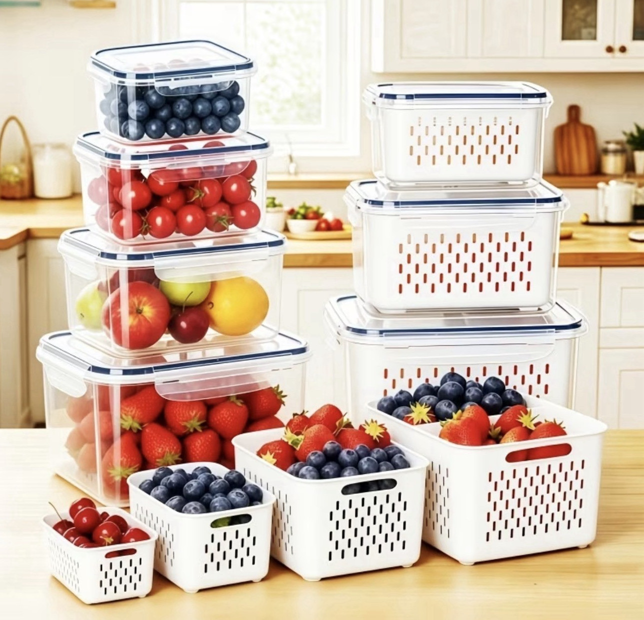 Plastic Food Storage Container Set w/ Snap Lids & Removable Drain Basket