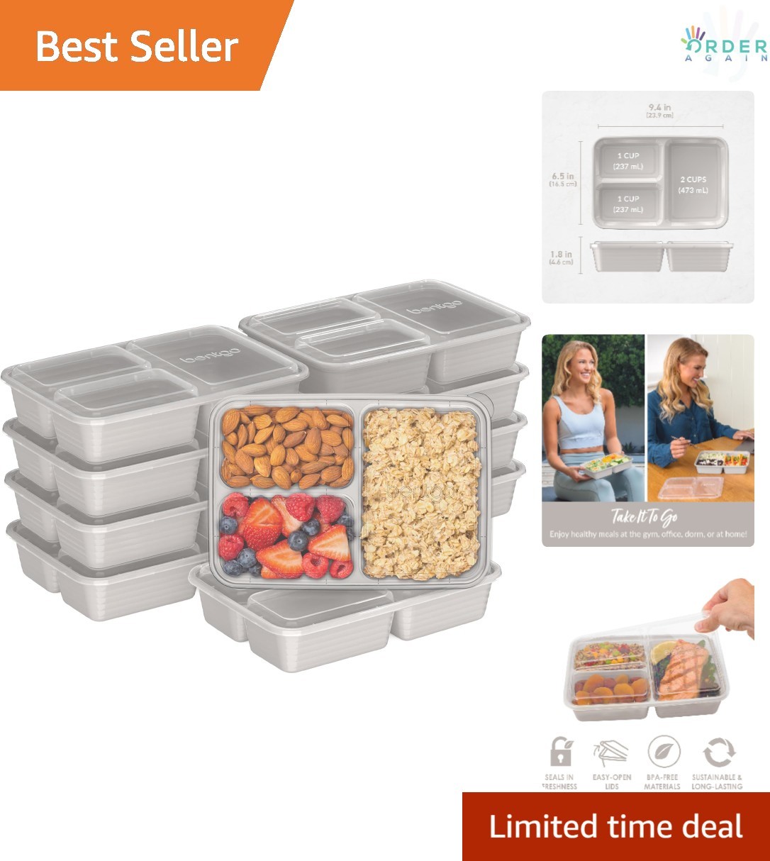 20-Piece Food-Safe Plastic Meal Prep Containers Set Reusable Microwave Freeze…
