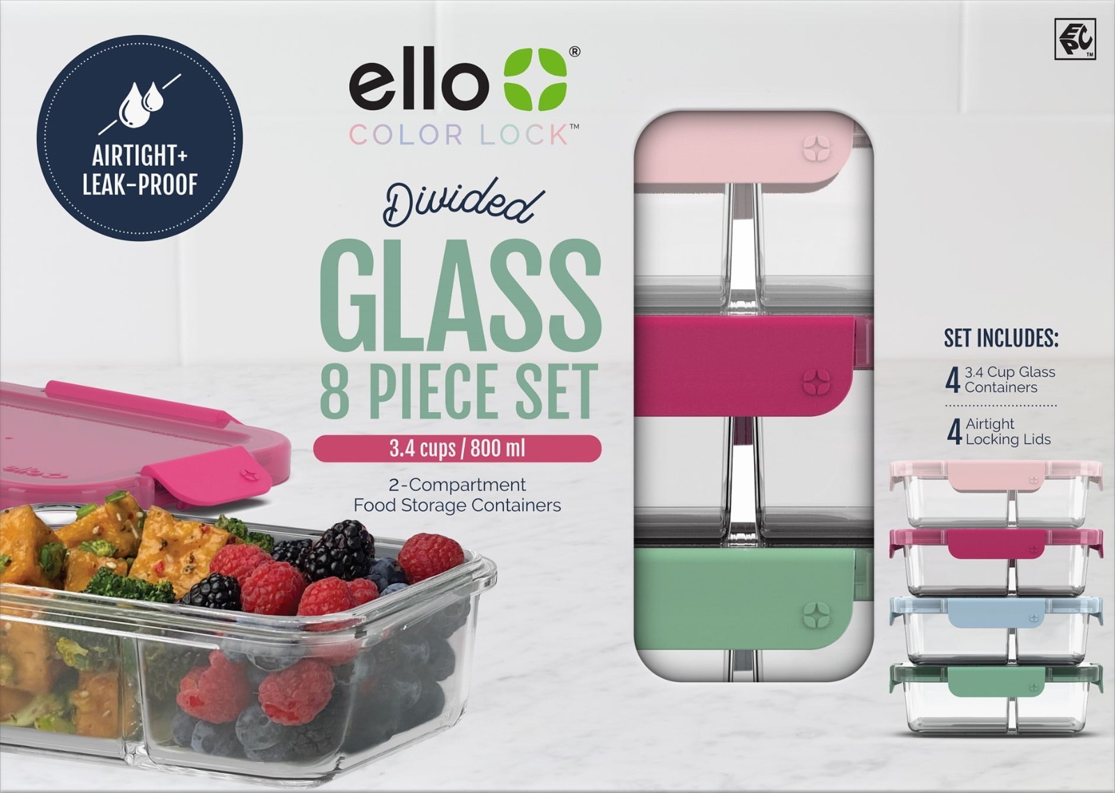 2Pack Ello Color Lock Glass Meal Prep Set 8Pc 3.4Cup Divided Food Storage Set
