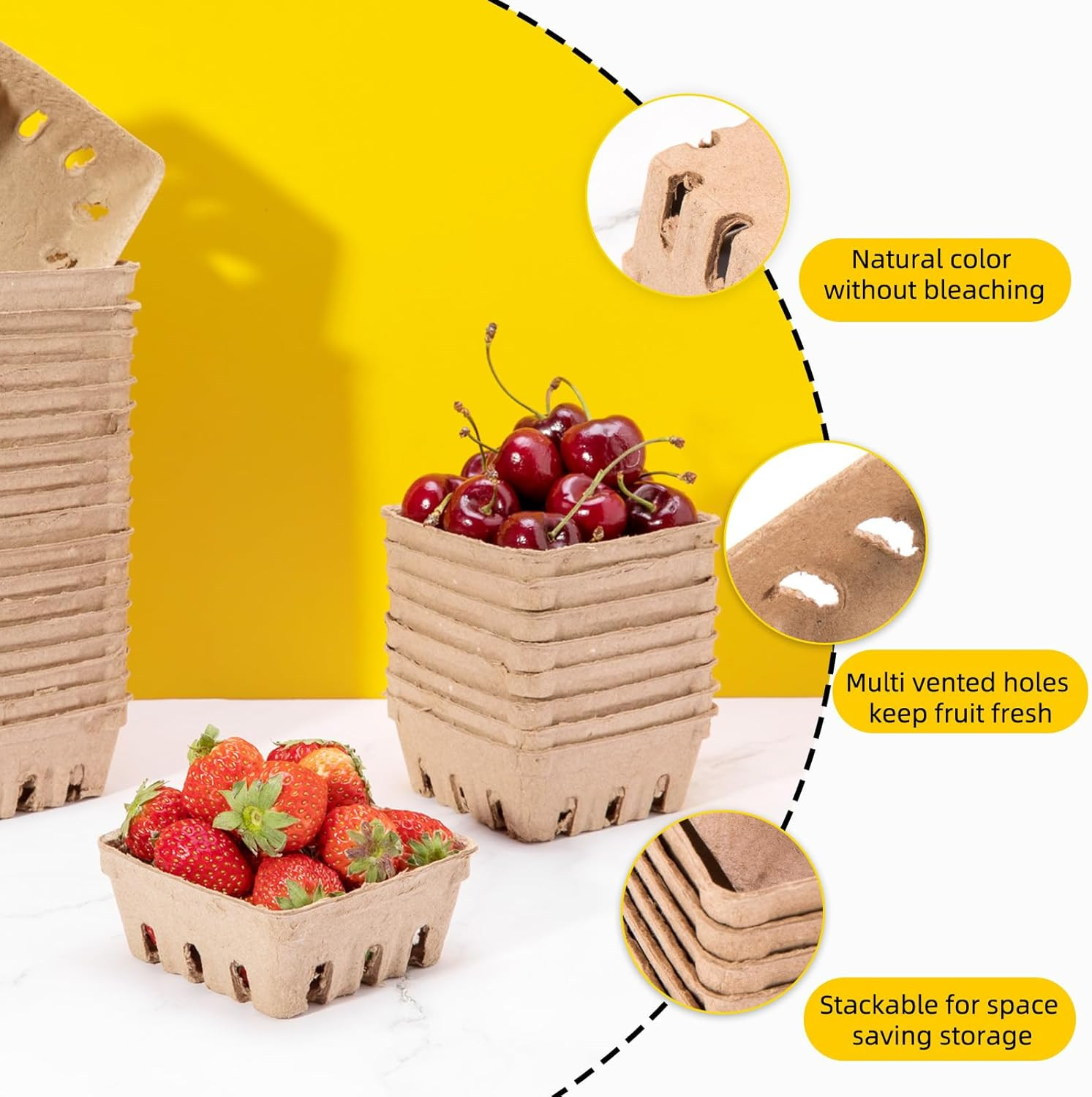 60 Pack Pulp Fiber Berry Basket, 1/2 Pint Vented Containers for Strawberry Blueb