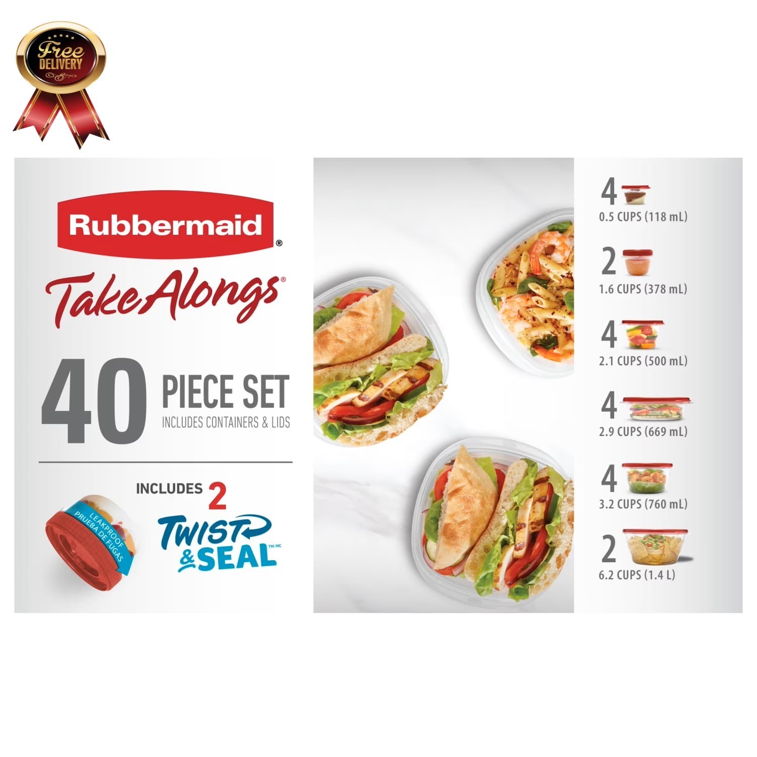 Takealongs 40 Piece Food Storage Set, Red, Total of 12.6 Qts