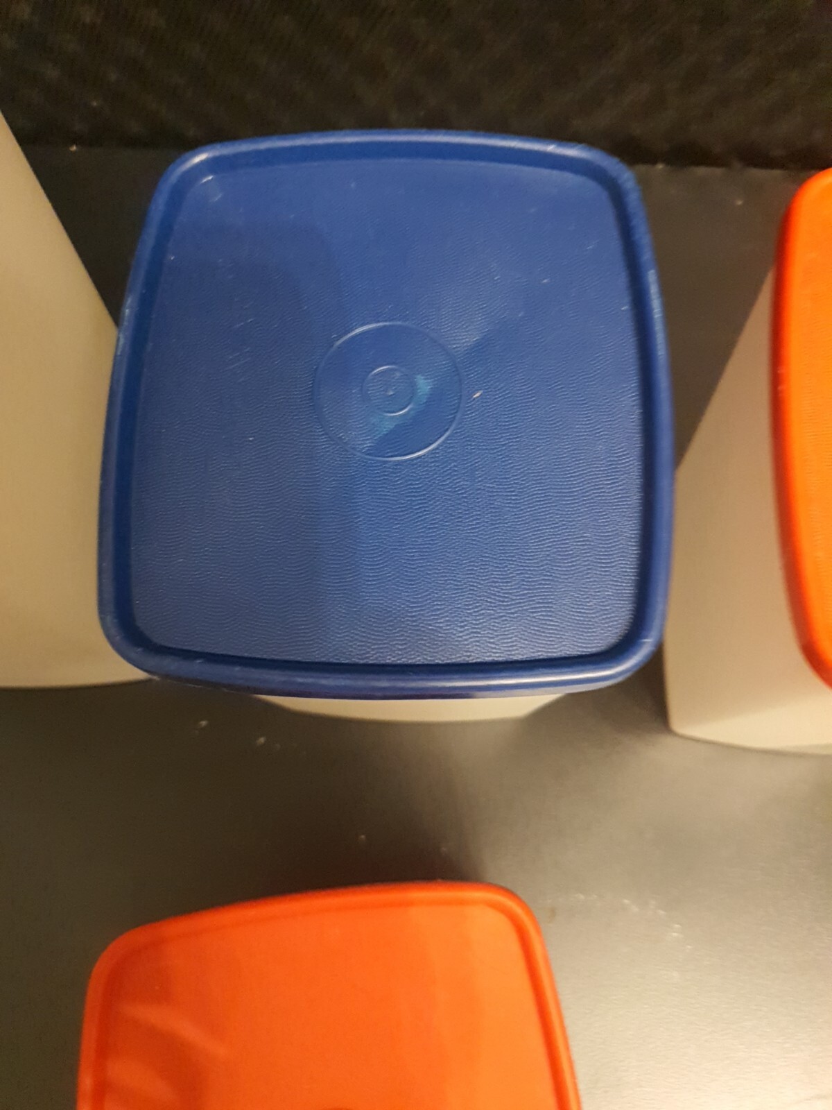 Tupperware Set 4 Storage Canisters Blue Red Lids Good Used Condition Clear