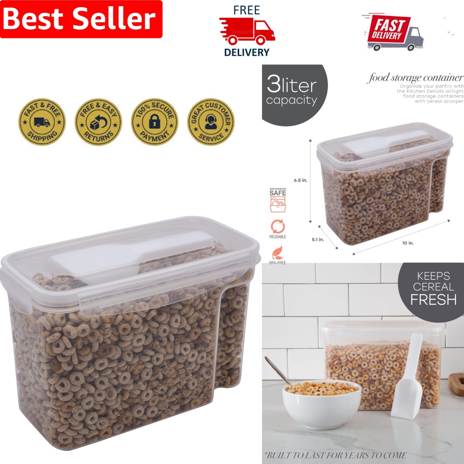 Space-Efficient 5.3L Clear Cereal Container with Scooper – Keeps Food Fresh