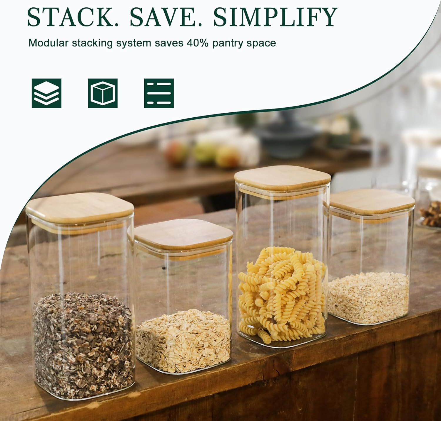 12-Pack Glass Pantry Storage Containers with Bamboo Lids (0.76Qt/1.22Qt/1.67Qt)