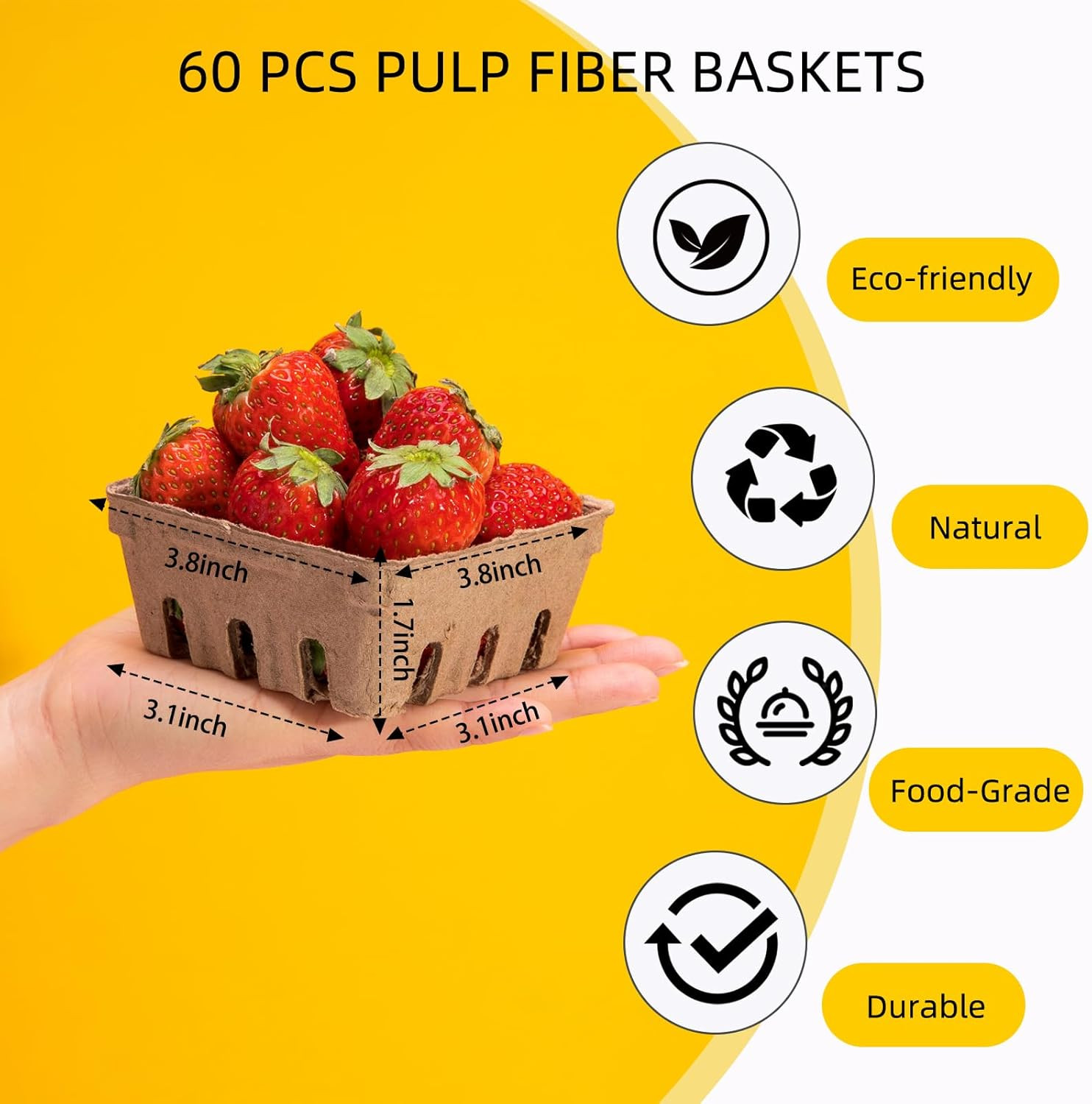 60 Pack Pulp Fiber Berry Basket, 1/2 Pint Vented Containers for Strawberry Blueb