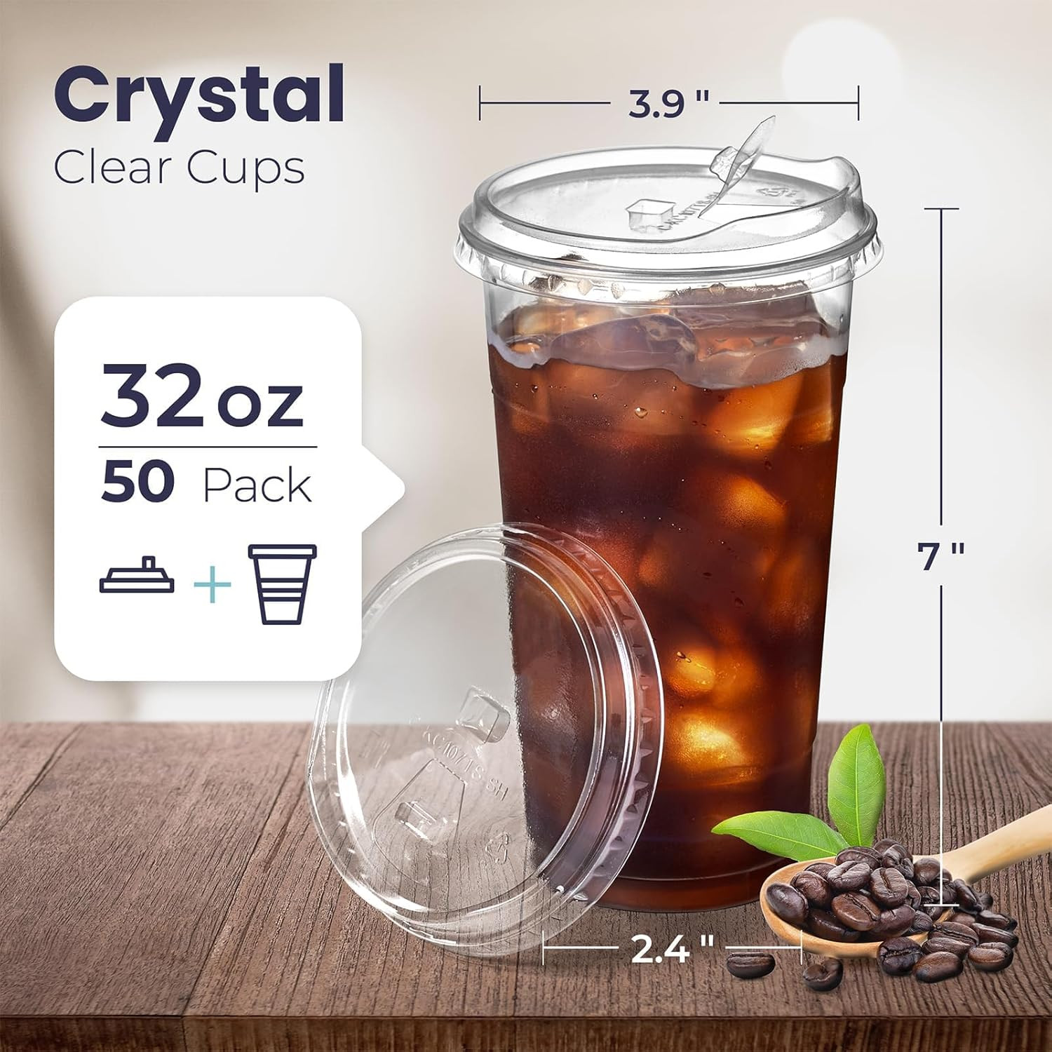 Fit Meal Prep 50 Pack 32 oz Clear Plastic Cups with Strawless Sip Lids, Disposab