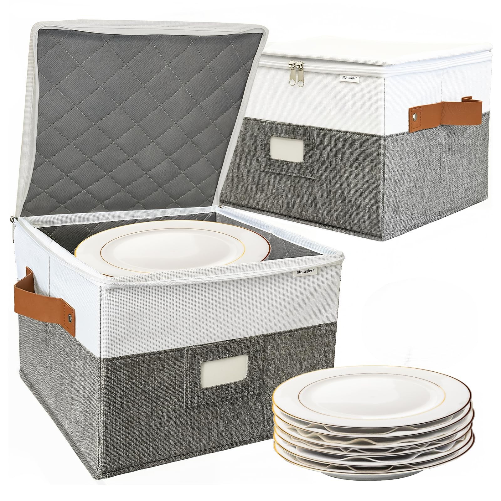 2 PCS 12x12x8 Inch Grey Quilted Dish China Plate Storage Container Stackable Lid